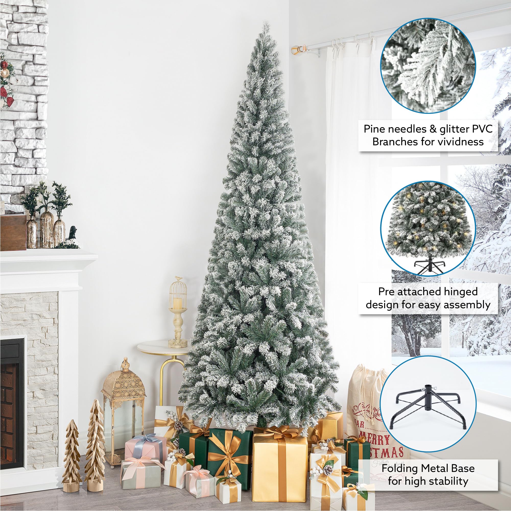 Naomi Home Salzburg 7.5ft Frosted Prelit Slim Artificial Christmas Tree with 1102 Branch Tips, 350 Warm Lights and Metal Stand,