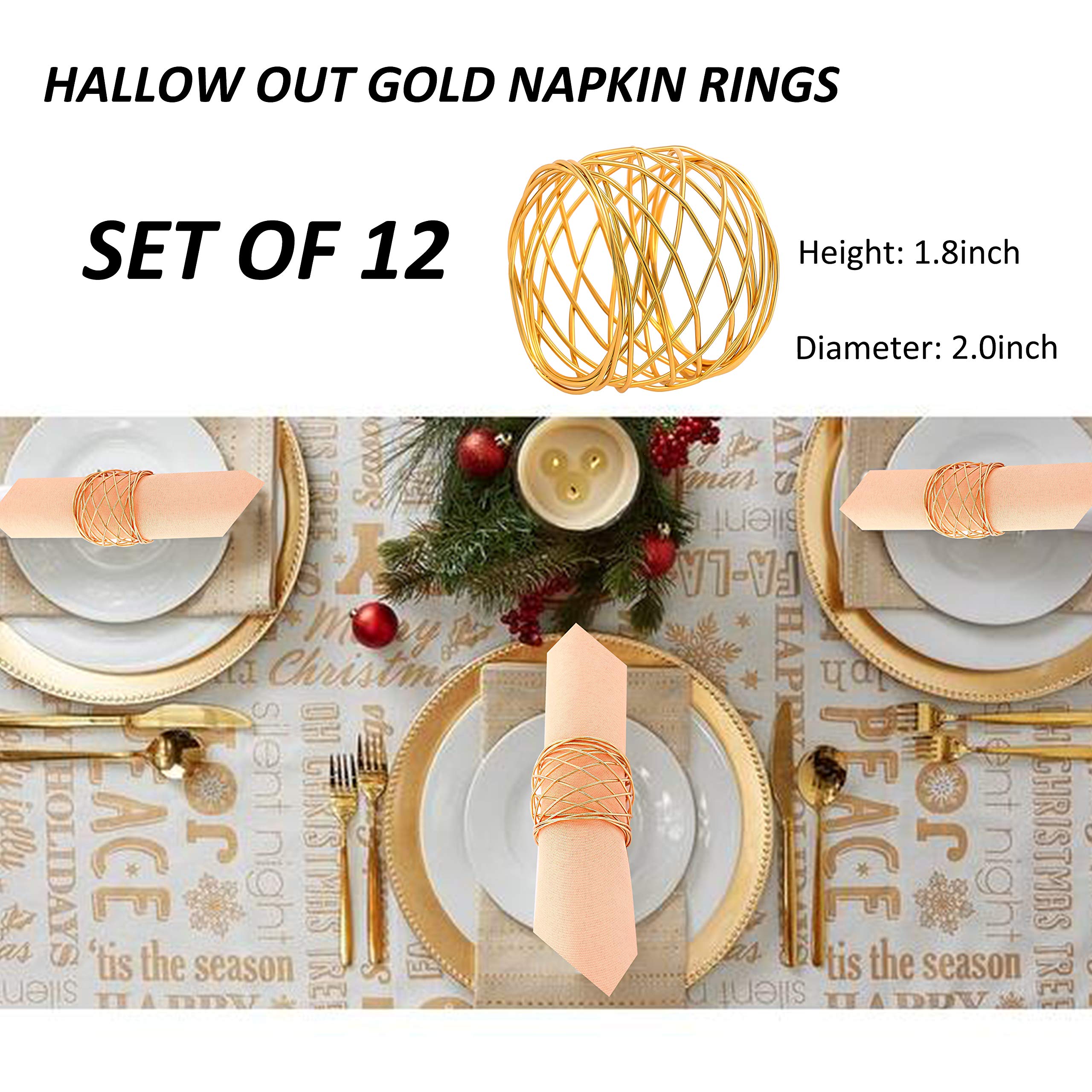 Cealxheny Napkin Rings Set Of 12, Gold Metal Mesh Napkin Holder For Holiday Thanksgiving Party Wedding Banquet Christmas Circle
