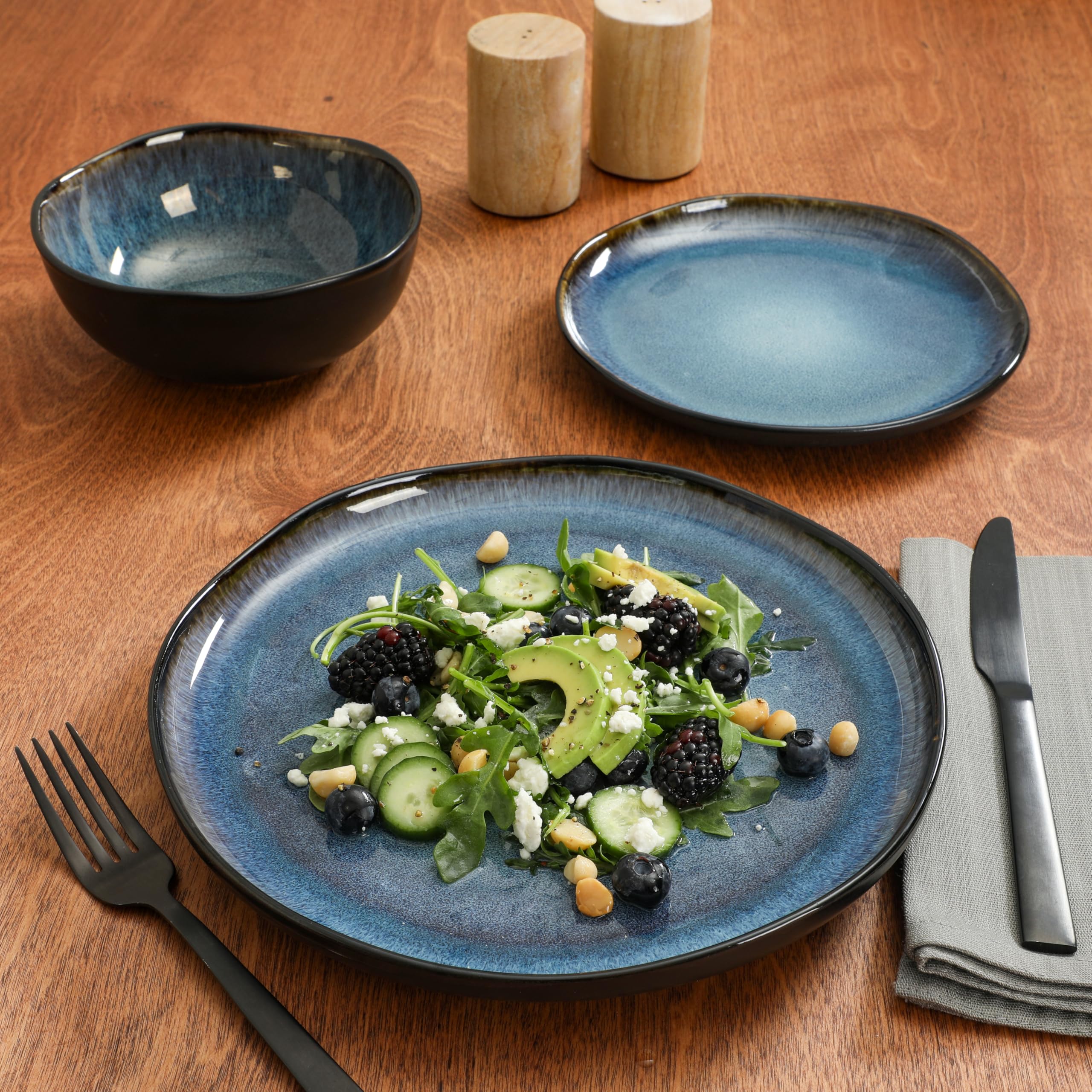 Gibson Soho Lounge Nardini 12 Piece (Service for 4) Plates and Bowls Reactive Glaze Dishes Stoneware Ceramic Dinnerware Set - Bl
