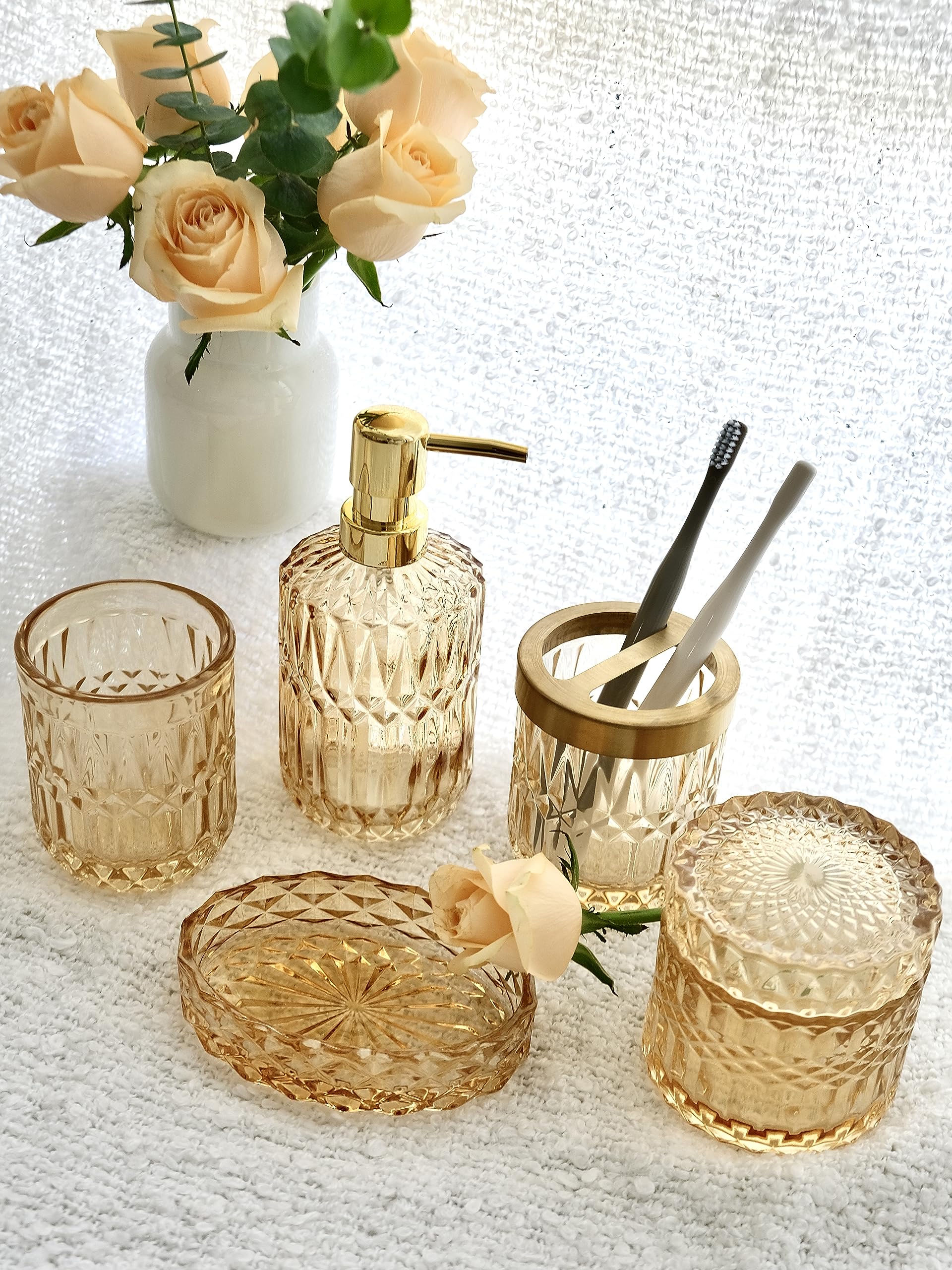 LaMarriti 5Pcs Clear Gold Glass Bathroom Accessory Complete Set  Lotion Dispenser  Soap Dish  Tumbler  Cotton Swab Jars  Toothbrush Holder Set Bathroom Decor and Gift Set  Golden  Yellow-Orange