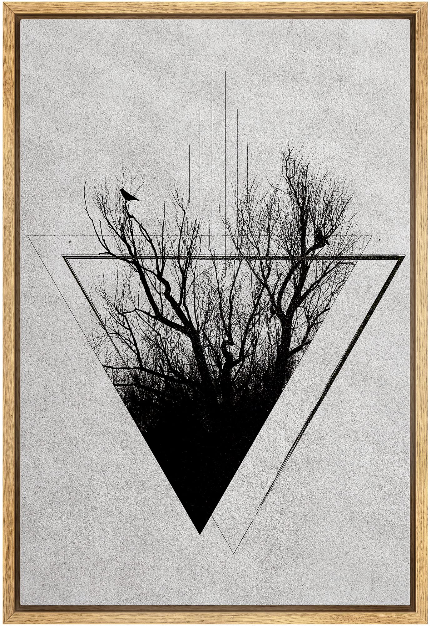 Nwt Framed Canvas Print Wall Art Sketch Style Triangle Tree & Bird Silhouette Nature Wilderness Realism Minimalist Black And Whi