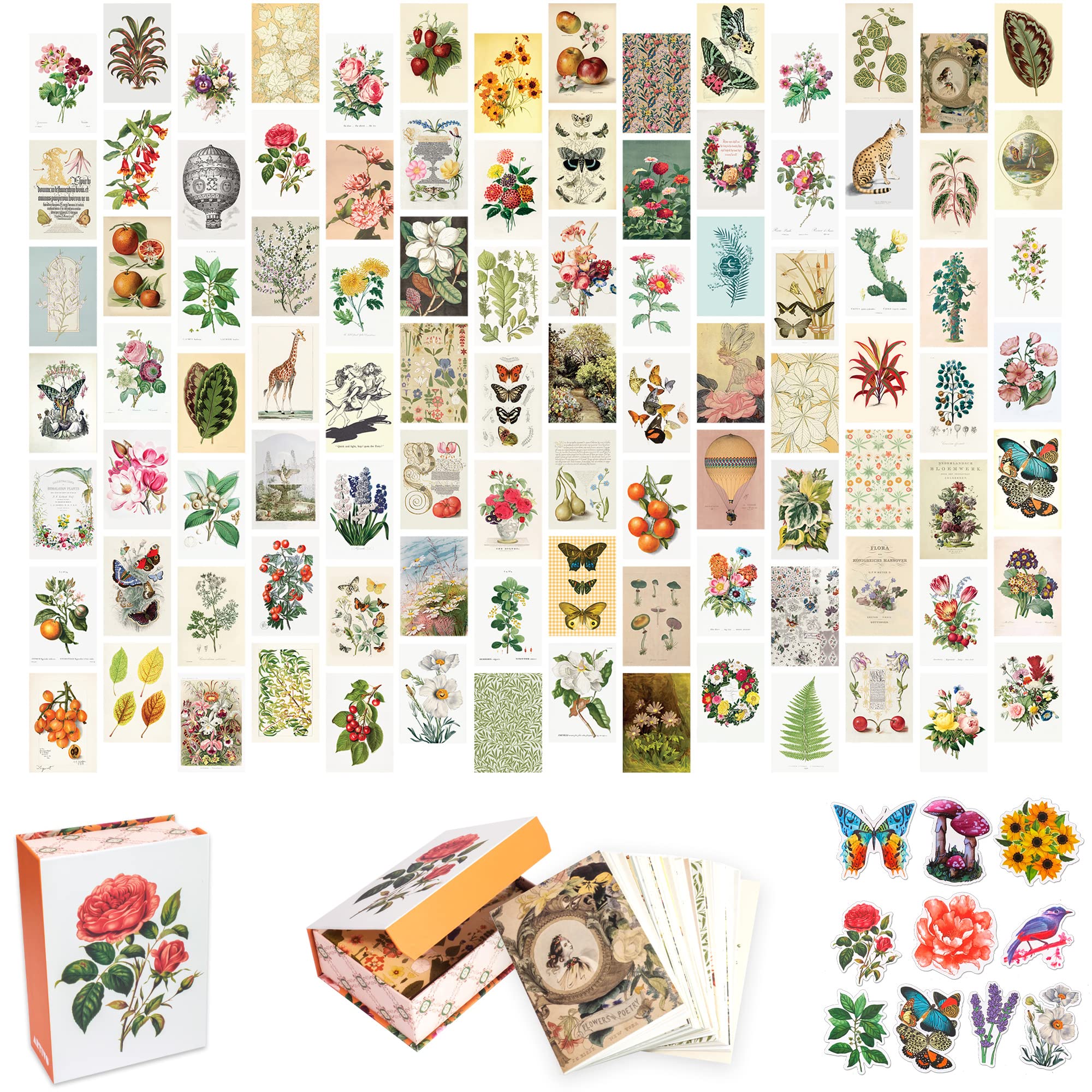 Artivo Wall Collage Kit Aesthetic Pictures, Vintage Wall Collage Kit 100 Set 4X6, Bedroom Decor For Teen Girls, Botanical Flower