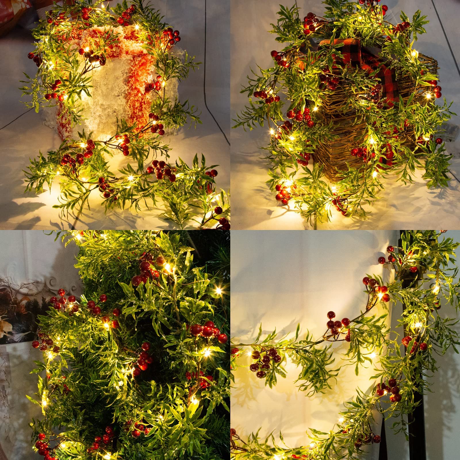 2 Pack Artificial Christmas Garland String Lights with 162 Snowy Red Berries 55 Green Leaves 20 LED Lights Battery Operated for