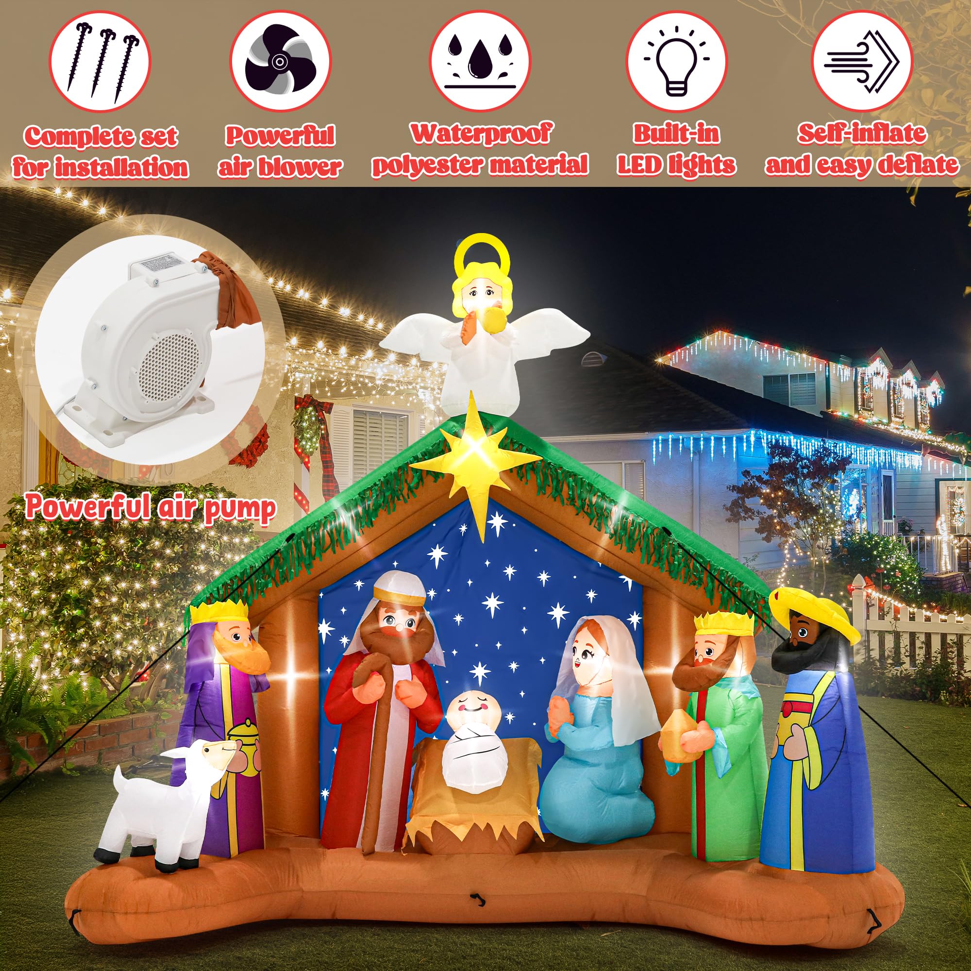 Melisheer 10FT Christmas Inflatable Nativity Scene, LED Lighted Polyester Decor for Outdoor Xmas Yard, Model Mel+blowXmas-25-5, Colorful