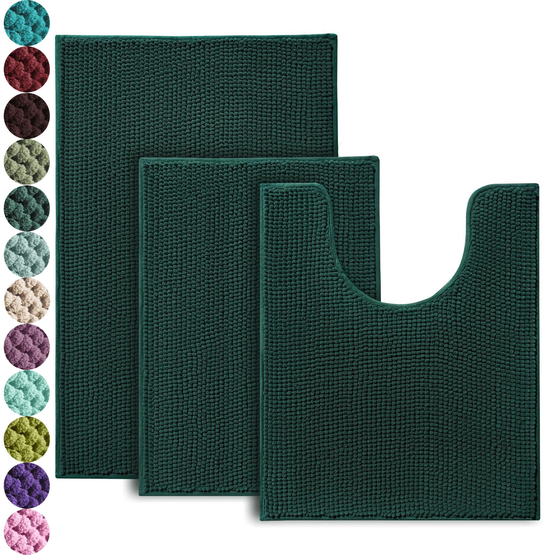 Urvoix Bathroom Rugs Sets 3 Piece  Non-Slip Chenille Bath Rug - Ultra Soft  Washable  Super Absorbent Bath Mat for Bathroom  Toilet and Tub (Dark Green)