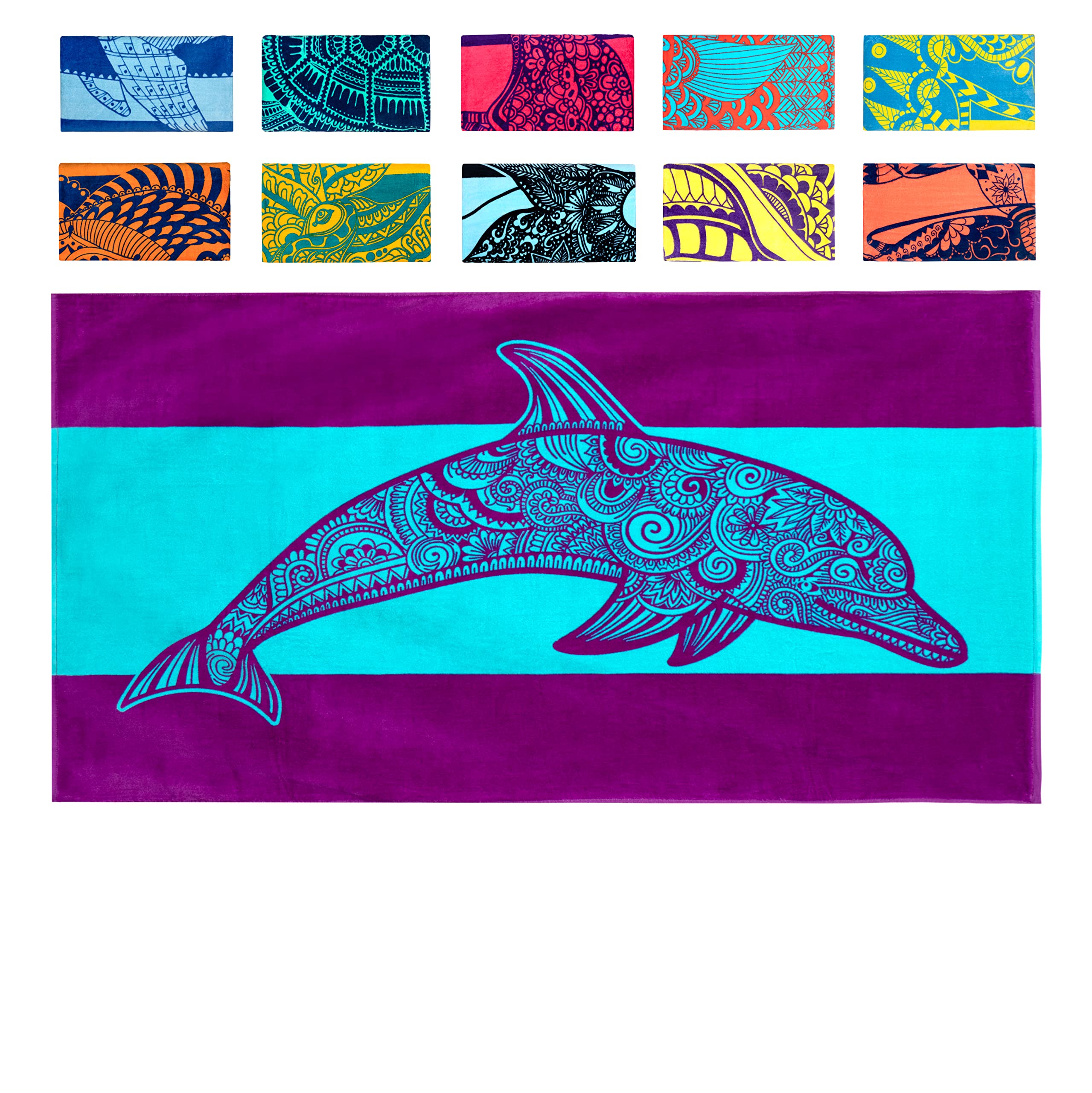 Nova Blue Dolphin Beach Towel - Tropical Blue & Purple Colors With A Unique Design, Extra Large, Xl, Pool Towels (34
