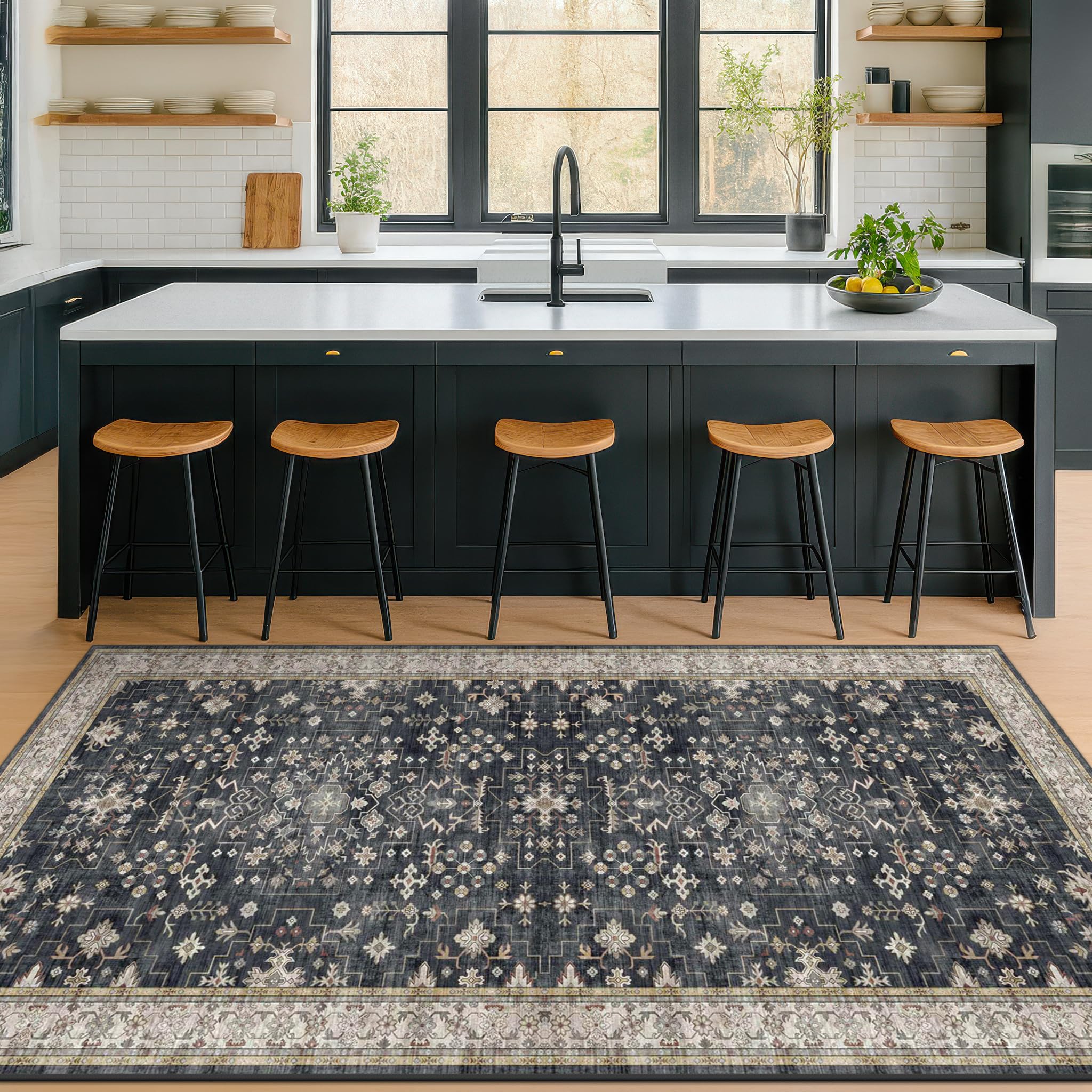 Washable 4x8 Hallway Runner Rug, Black Vintage 8ft Soft Runners for Entry Kitchen Non Slip Low Pile Thin Carpet for Living Room