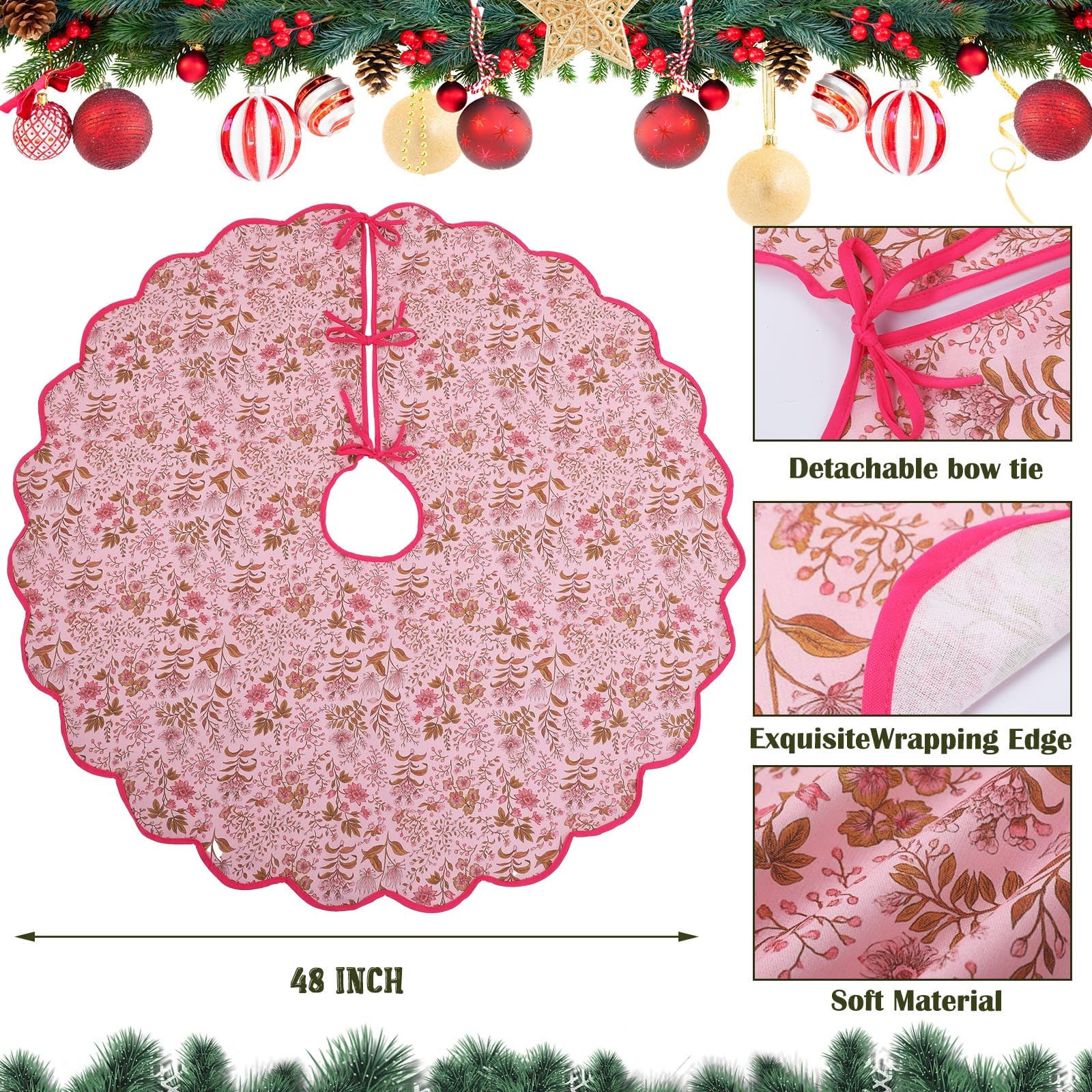 MiniInflat Christmas Tree Skirt Cotton Floral Block Tree Skirt in Nature Color for Home Xmas Party Seasonal Holiday Decoration I