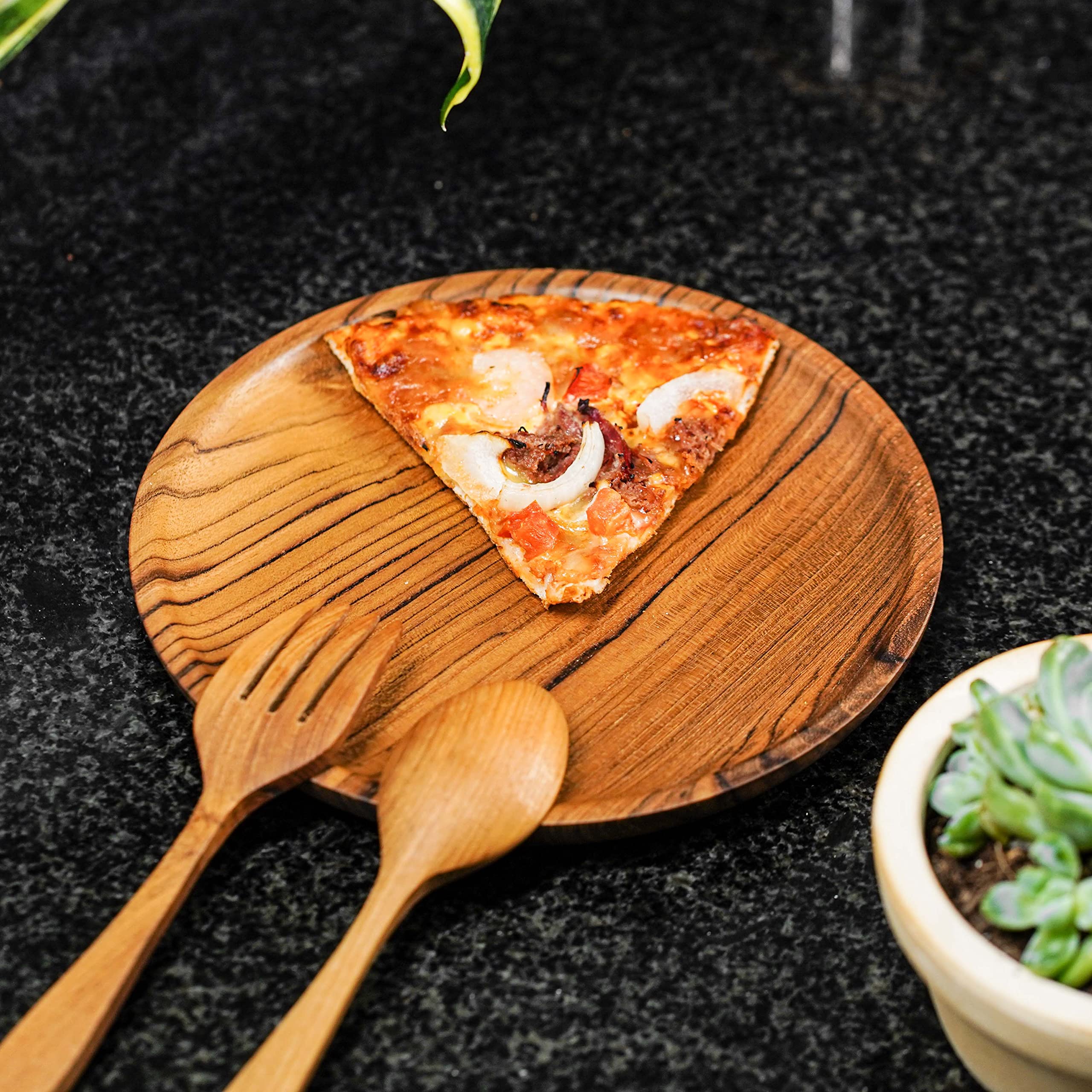 Rainforest Bowls Set Of 4 8'' Round Javanese Teak Wood Plates- Perfect For Everyday Use- Hot & Cold Friendly, Ultra-Durable, Pre