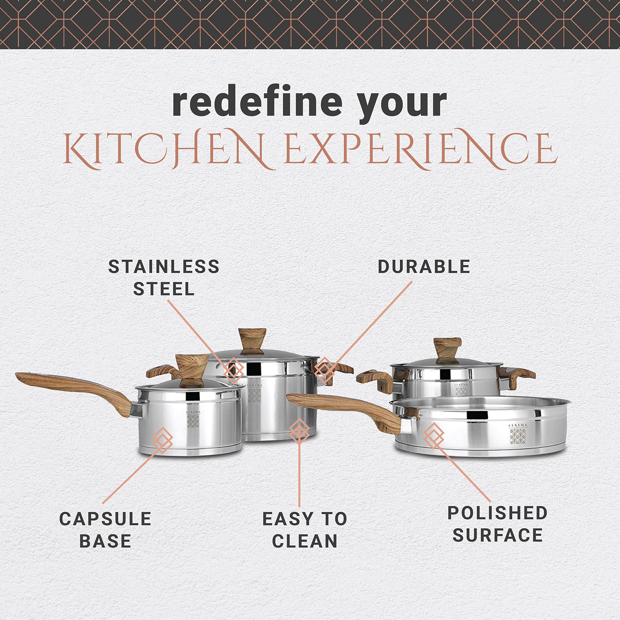 Serenk 7-Piece Stainless Steel Cookware Set, Induction Compatible, Includes Stock Pot, Cooking Pot, Frying Pan, and Sauce Pan wi