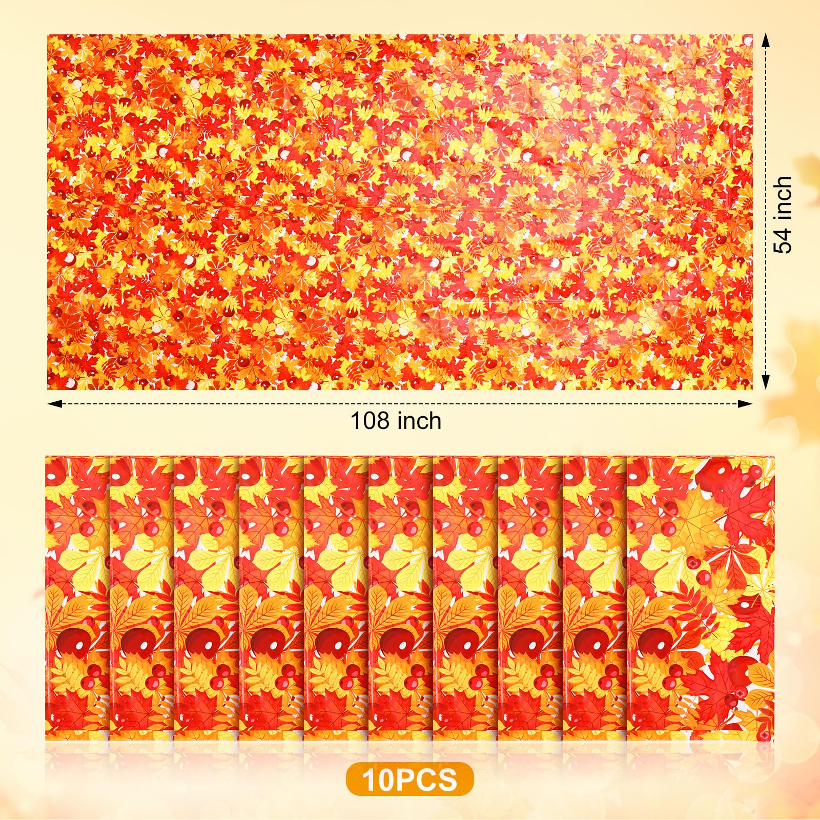 Preboun 10 Pieces Thanksgiving Tablecloth Disposable 54 X 108 Inch Orange Fall Leaf Rectangle Autumn Table Cloth Waterproof Plas