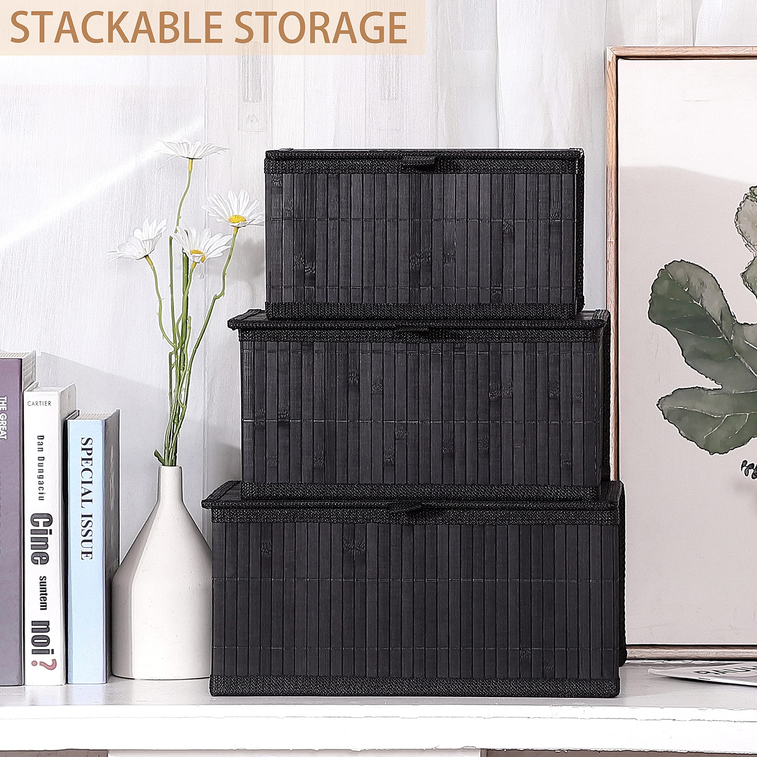 Honygebia Bamboo Decorative Storage Boxes - Set Of 3 Woven Lined Storage Basket With Lids, Black Wicker Lidded Baskets For Home