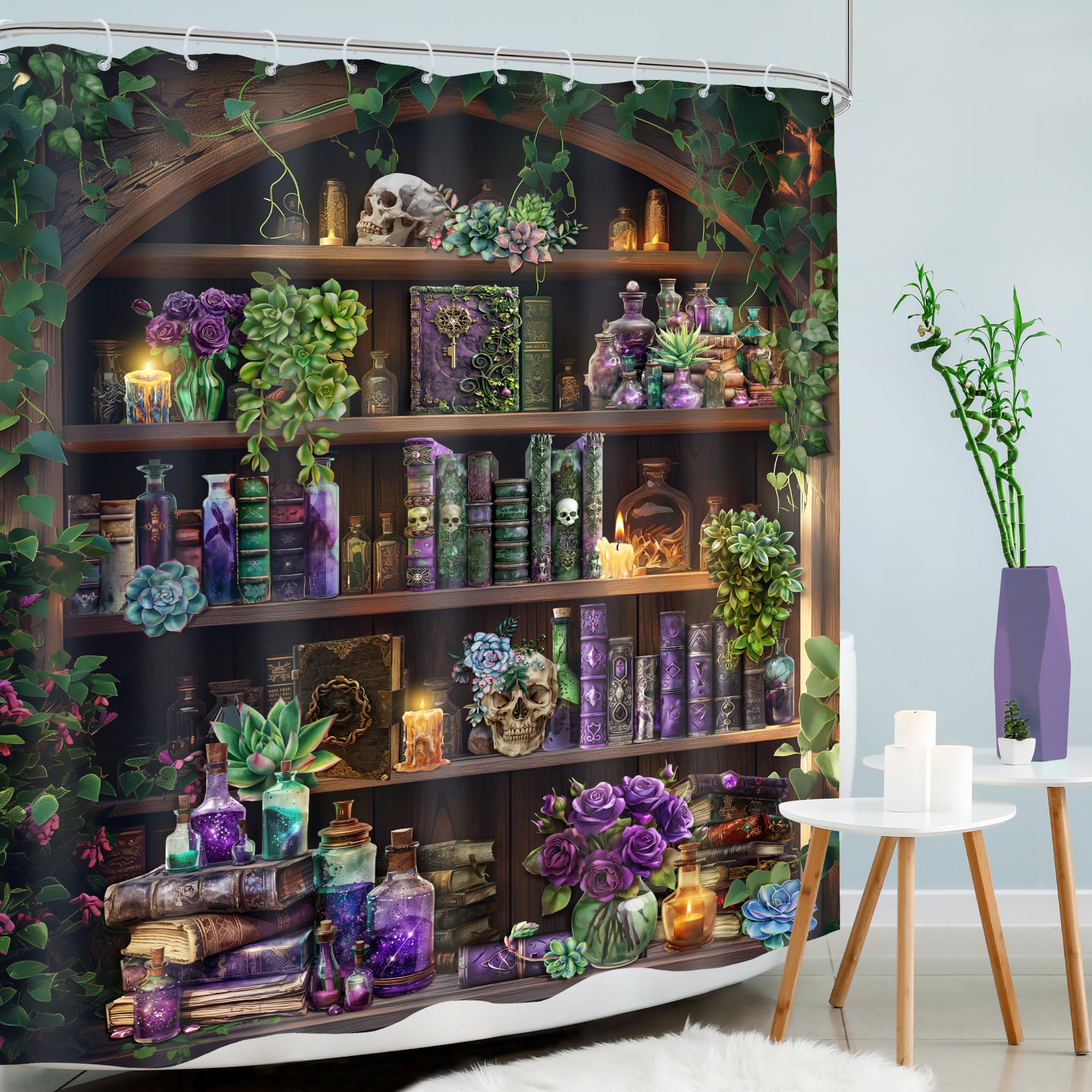 Mitpok Gothic Skull Shower Curtain 60Wx72H Vintage Withcy Spooky Retro Wizard Magic Bookshelf Succulent Black Unique Cool Bathro