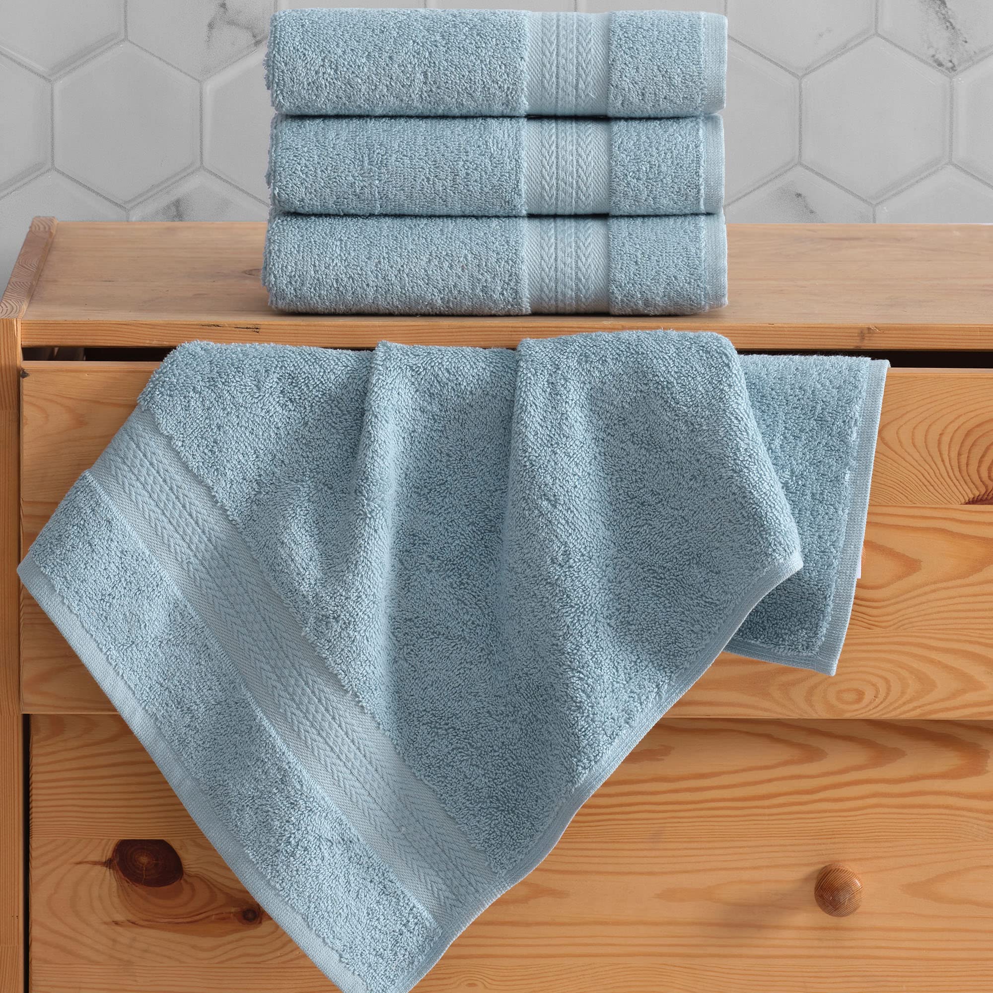 REGAL RUBY Quick-Dry 4 Pieces Blue Hand Towel -Bath Linen Set - Highly Absorbent 100% Turkish Cotton -Hand Towel for Bathroom Guests Pool Gym Camp Travel College Dorm Shower