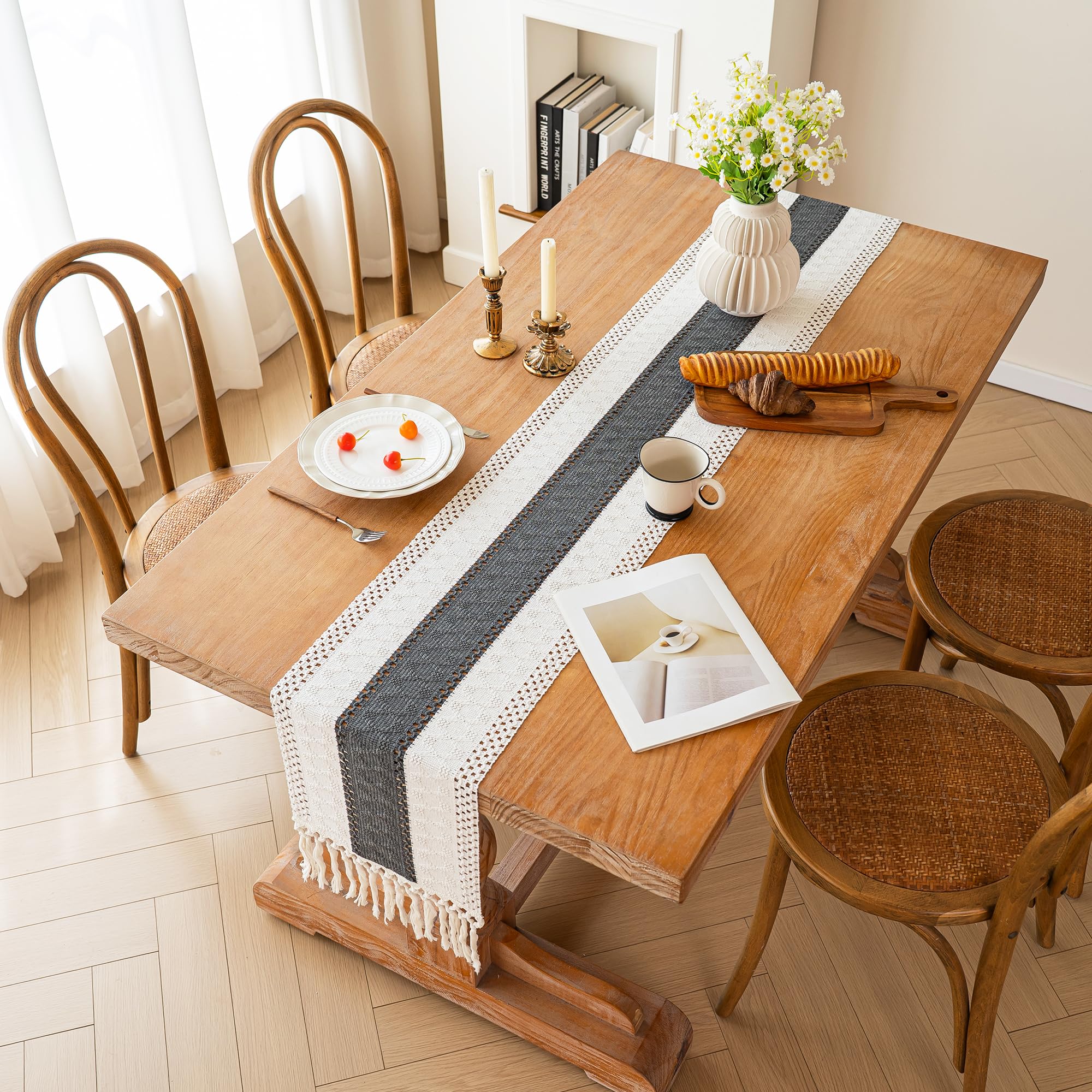 FEXIA Boho Table Runner for Home Decor with Tassels 36 Inches Long,Grey Farmhouse Rustic Table Runner Macrame Burlap Table Decor