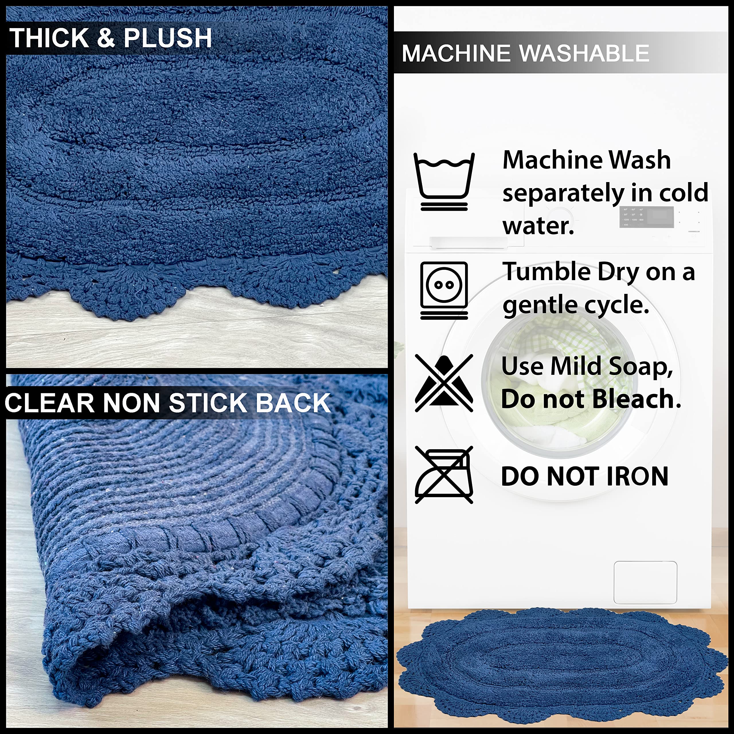 Chardin Home Blue Crochet Bathrug, 100% Cotton Oval Bathmat With Artisanally Handcrafted Crochet Border, 21X34 Inch, Medium Rug,