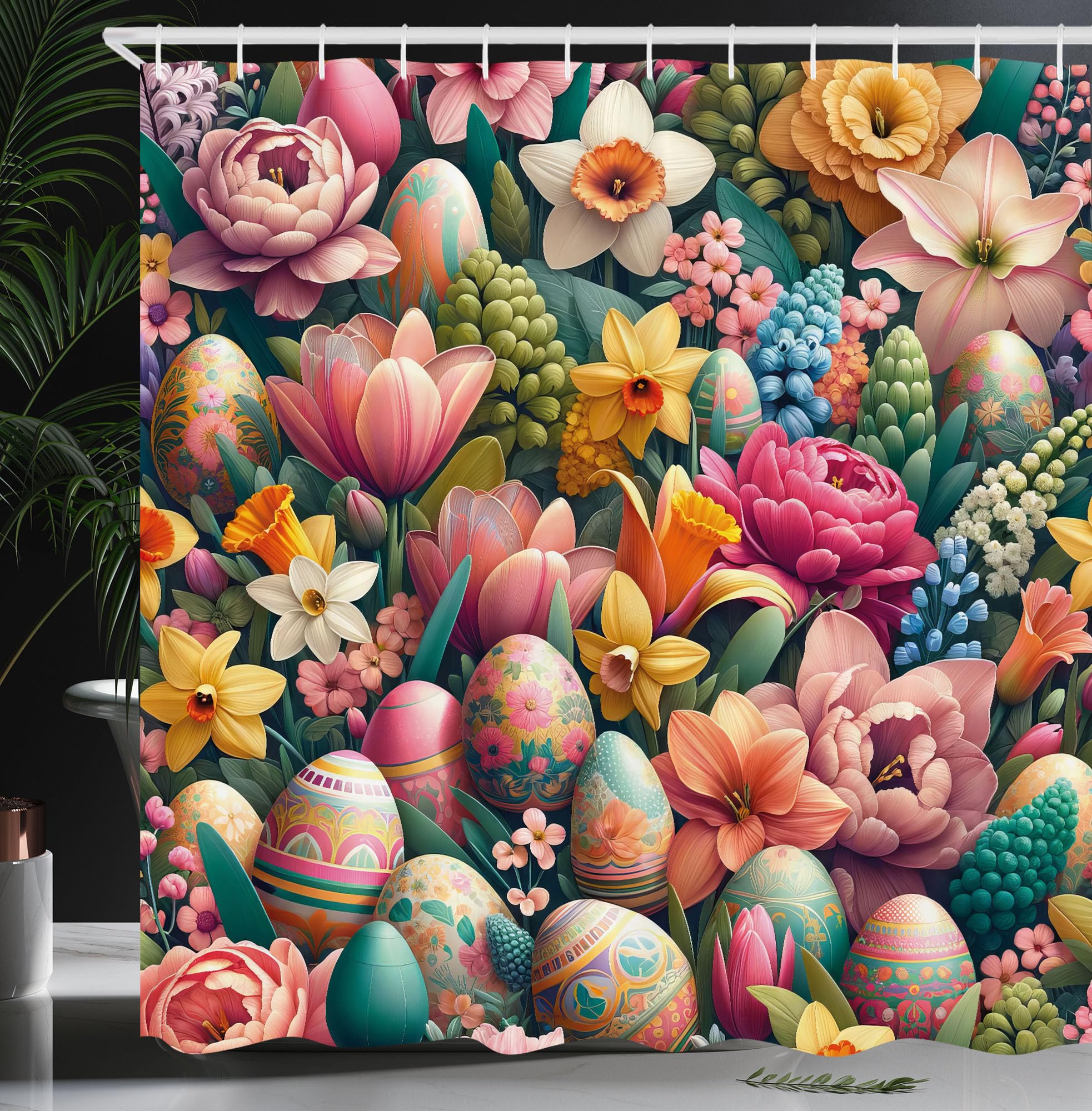 Ambesonne Spring Shower Curtain, Dreamy View Of Easter Eggs Floral Garden Huddles With Greenery Leaves, Cloth Fabric Bathroom De