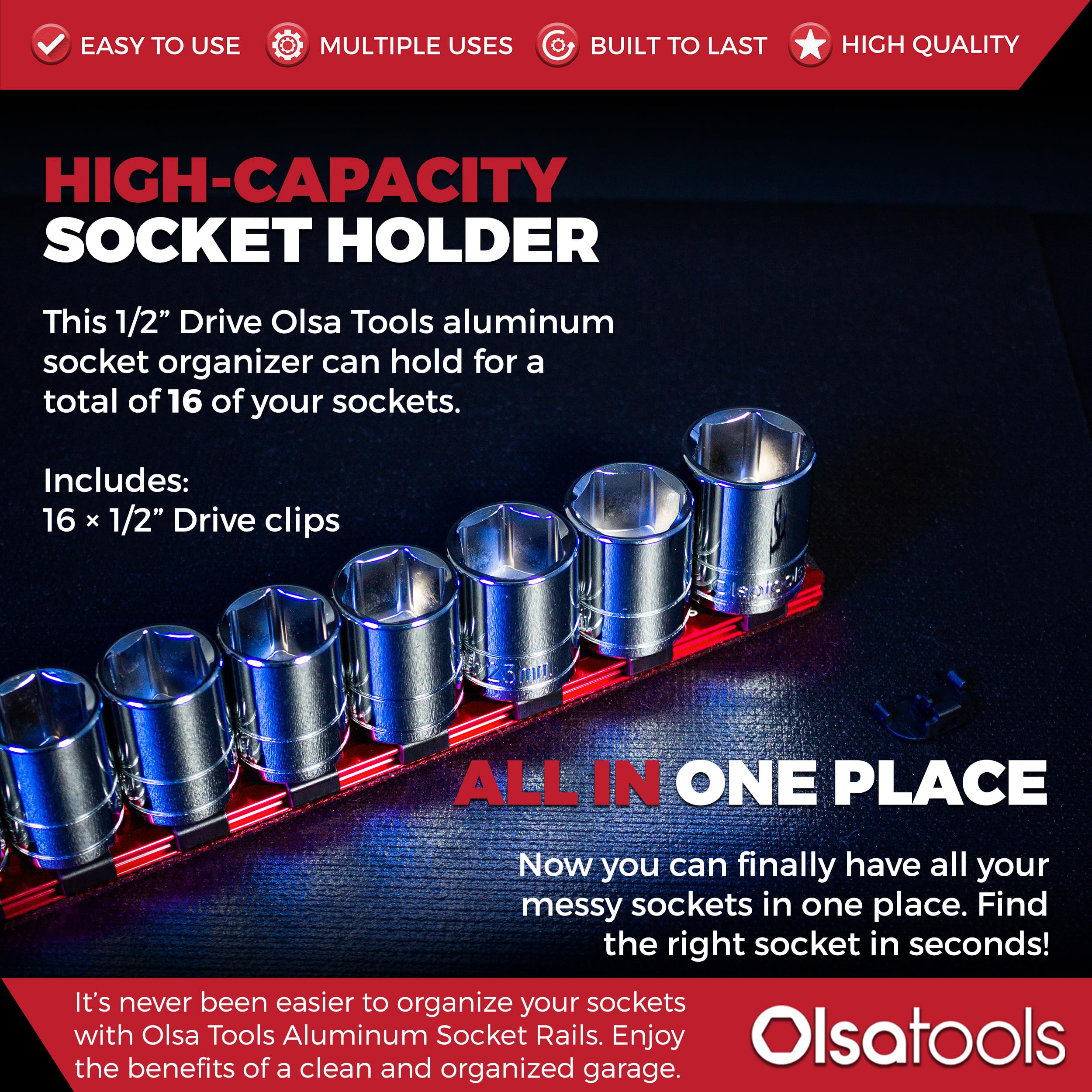 Olsa Tools 12-Inch Drive Aluminum Socket Organizer With Locking End Caps  Professional Quality Socket Holder (Red)