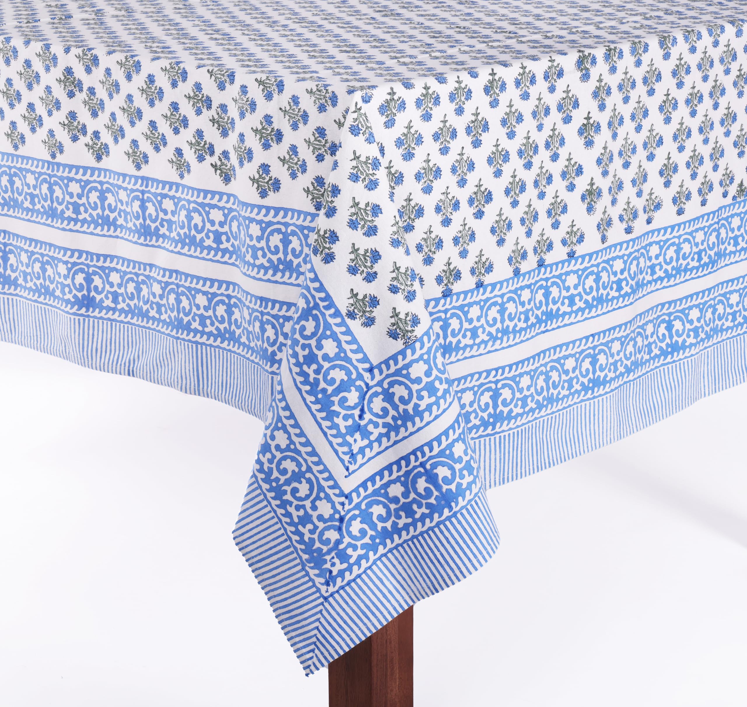 ATOSII Gulbahar Blue 100% Cotton Fall Rectangle Tablecloth, Hand Block Print Washable Table Cover, Christmas Parties Buffet Dini