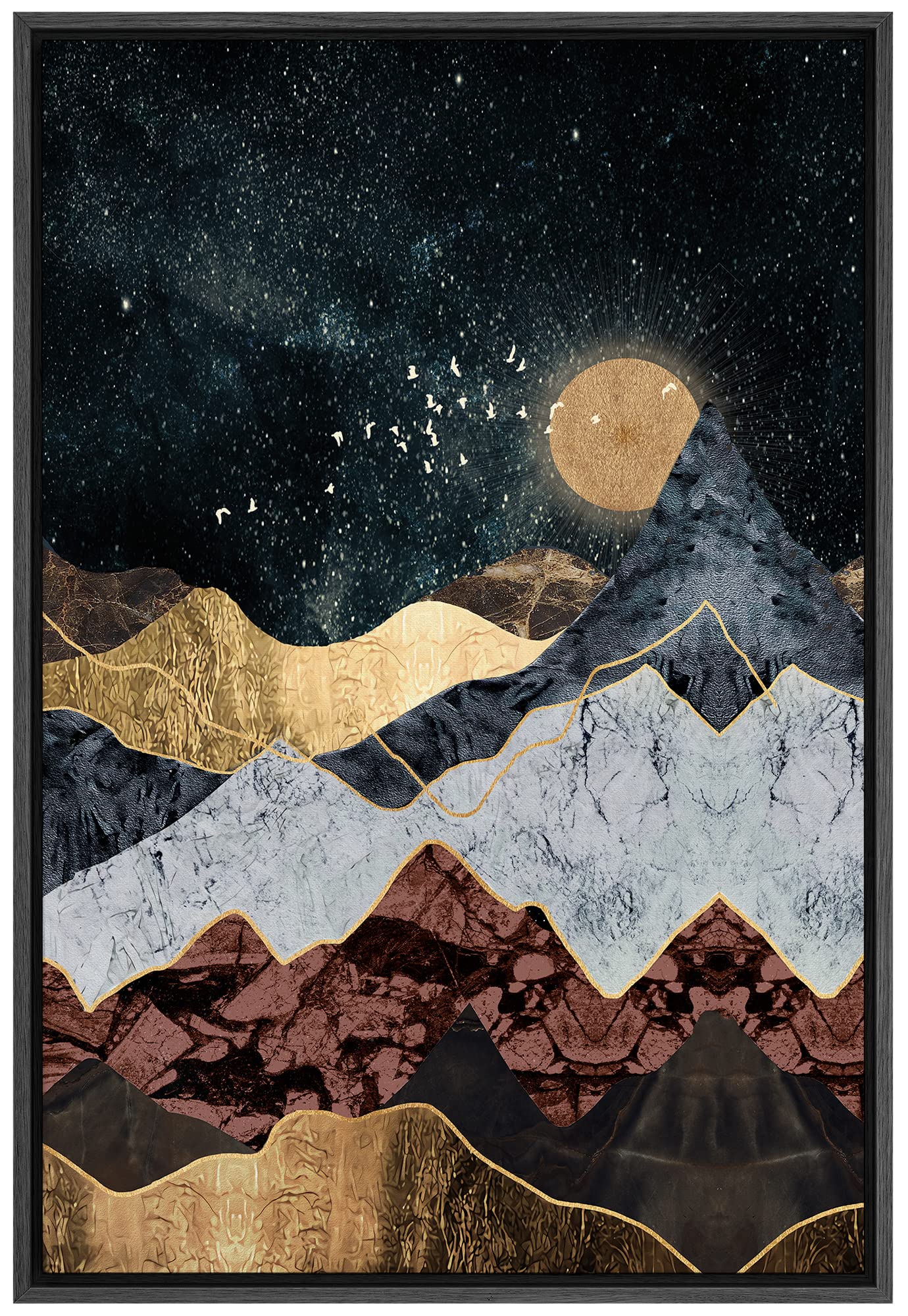 Signford Framed Canvas Print Wall Art Gold Moon Granite Marble Mountain Range Nature Wilderness Illustrations Modern Art Decorat