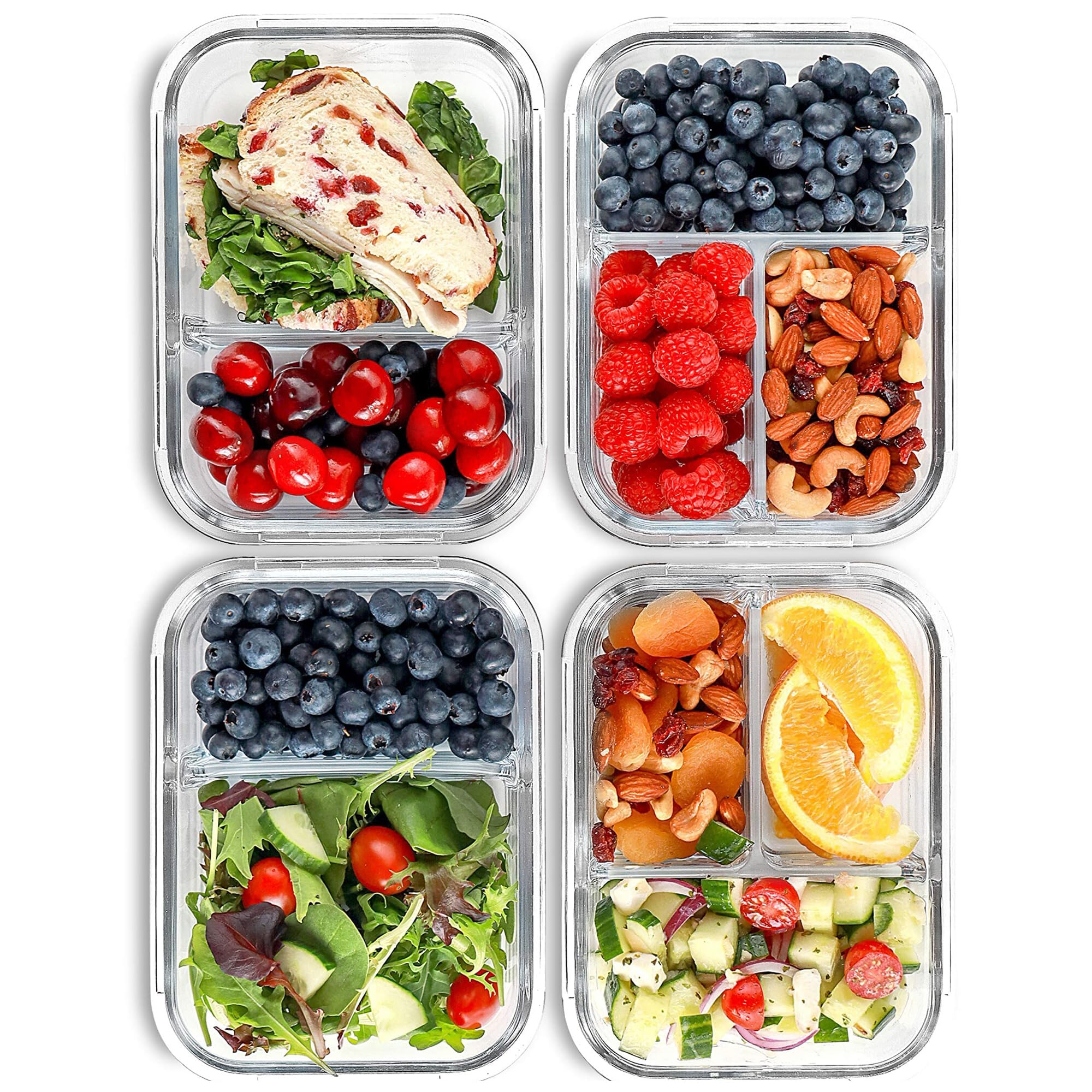 Fit Strong & Healthy Glass Meal Prep Containers, 2 & 3 Compartments - Portion Control, Lunch Container Set, Food Storage, Airtig