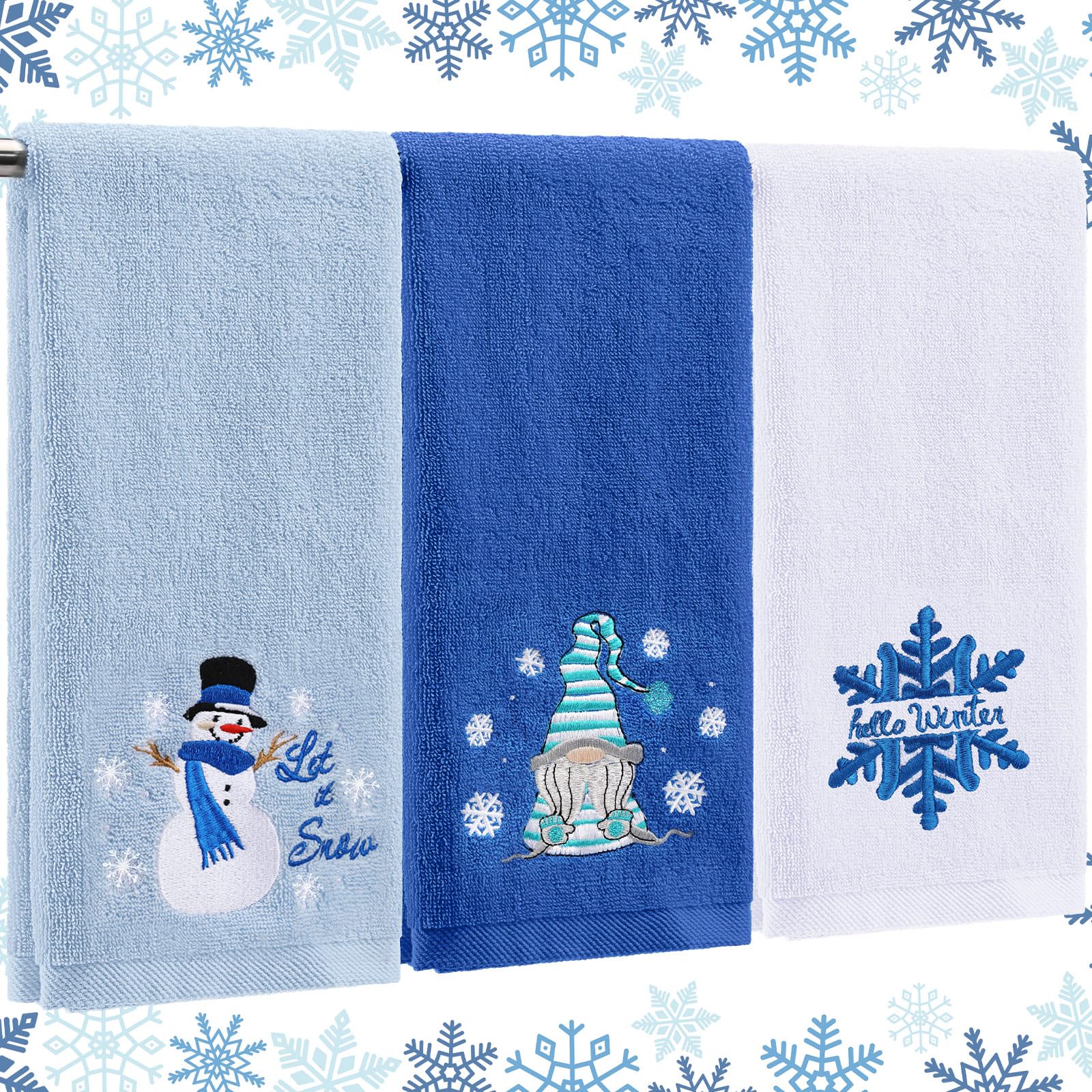 Fanfanwin 3 Pcs Winter Hand Towels for Bathroom Blue Snowflake Hand Towels Let It Snow Embroidered 100% Cotton Soft Absorbent De