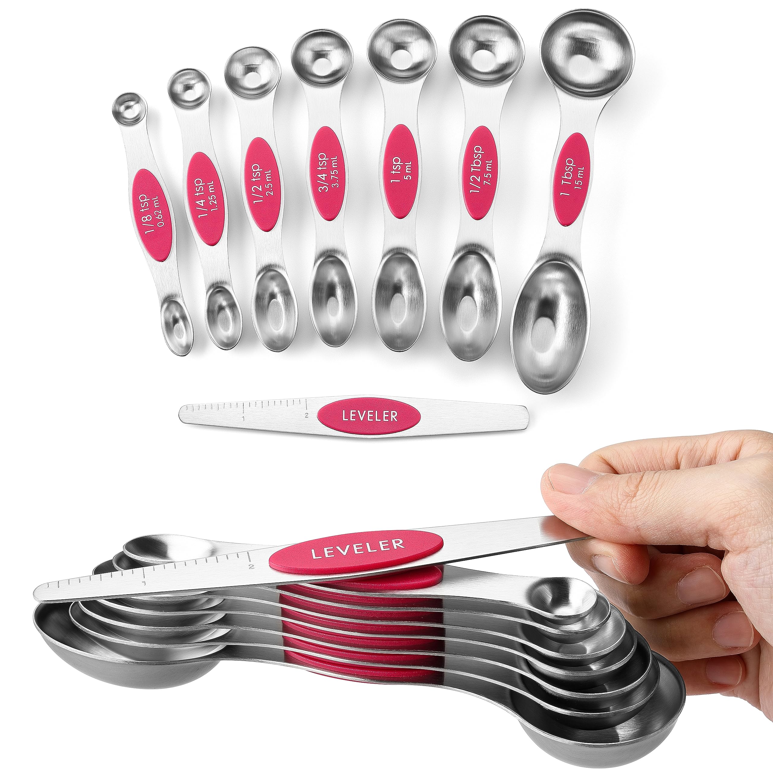 Spring Chef Magnetic Measuring Spoons Set, Dual Sided, Stainless Steel, Fits In Spice Jars, Pink, Set Of 8, 2 Pack