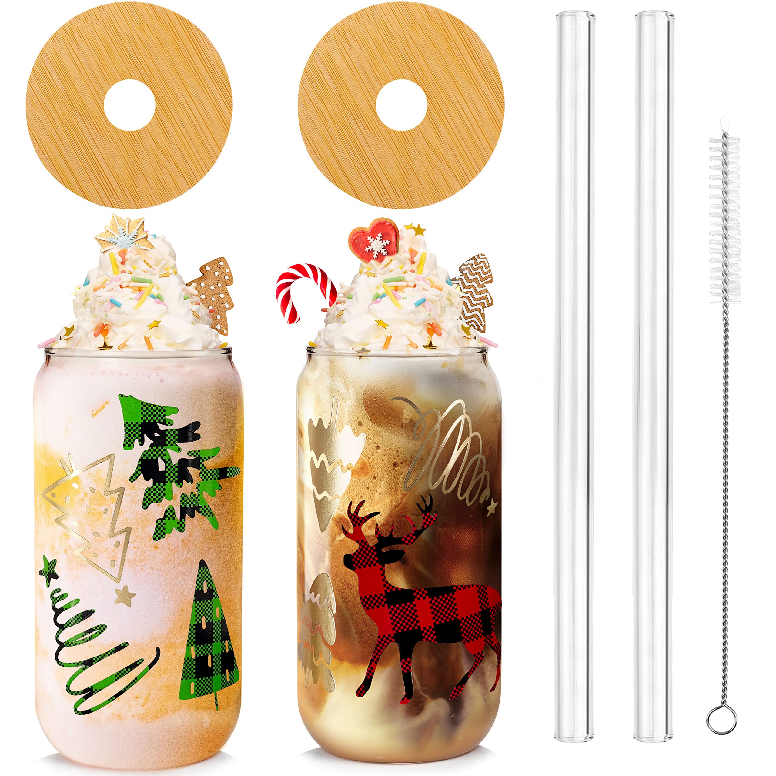 ANOTION Christmas Cups, 18oz Christmas Coffee Mugs Glass Cups with Lid and Straw Colorful Xmas Tree Tumbler Drinking Glasses Gla