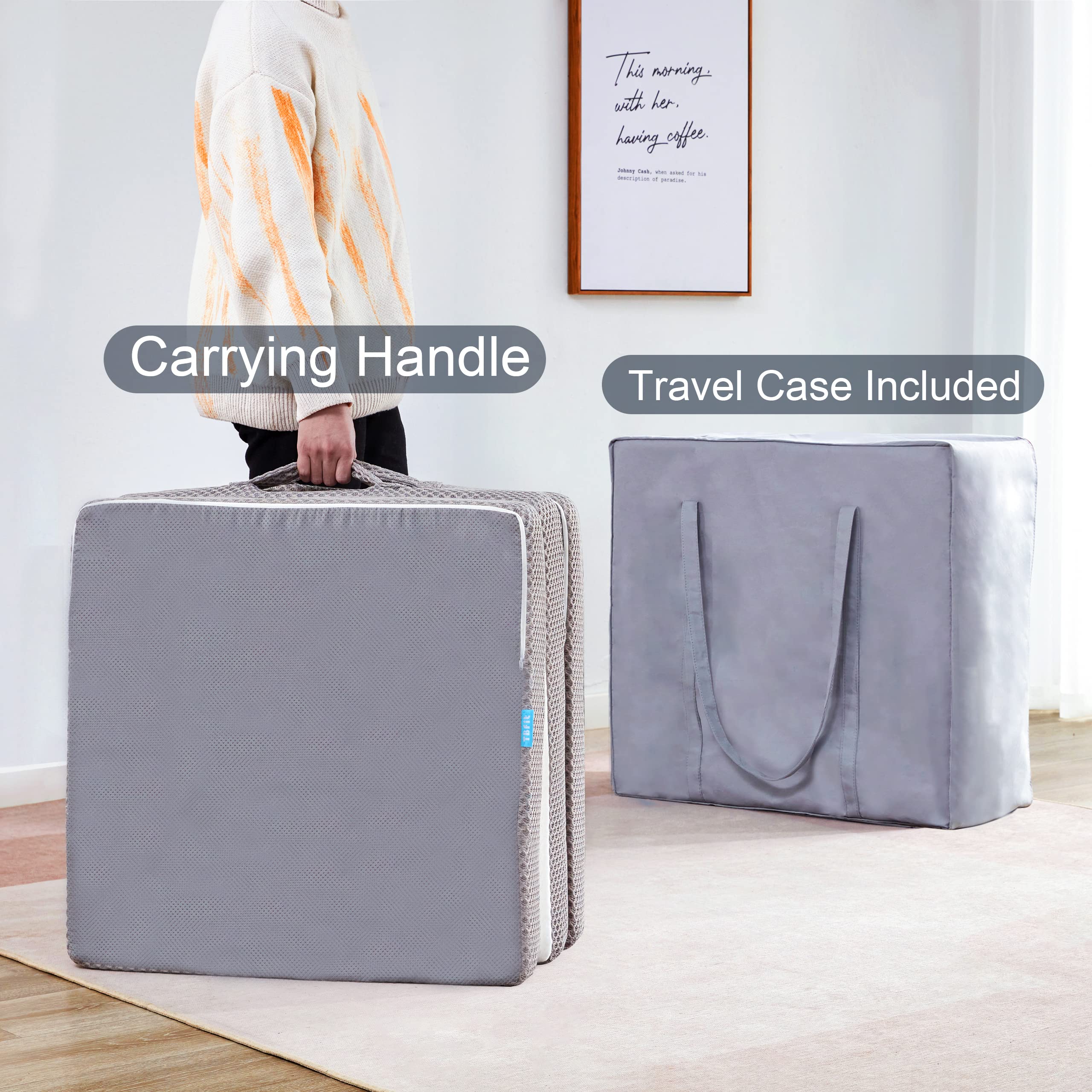 Kingfun Memory Foam Folding Mattress,Gel-Infused Foldable Floor Mattress, Breathable Tri-Fold Mattress Topper With Bamboo Cover,