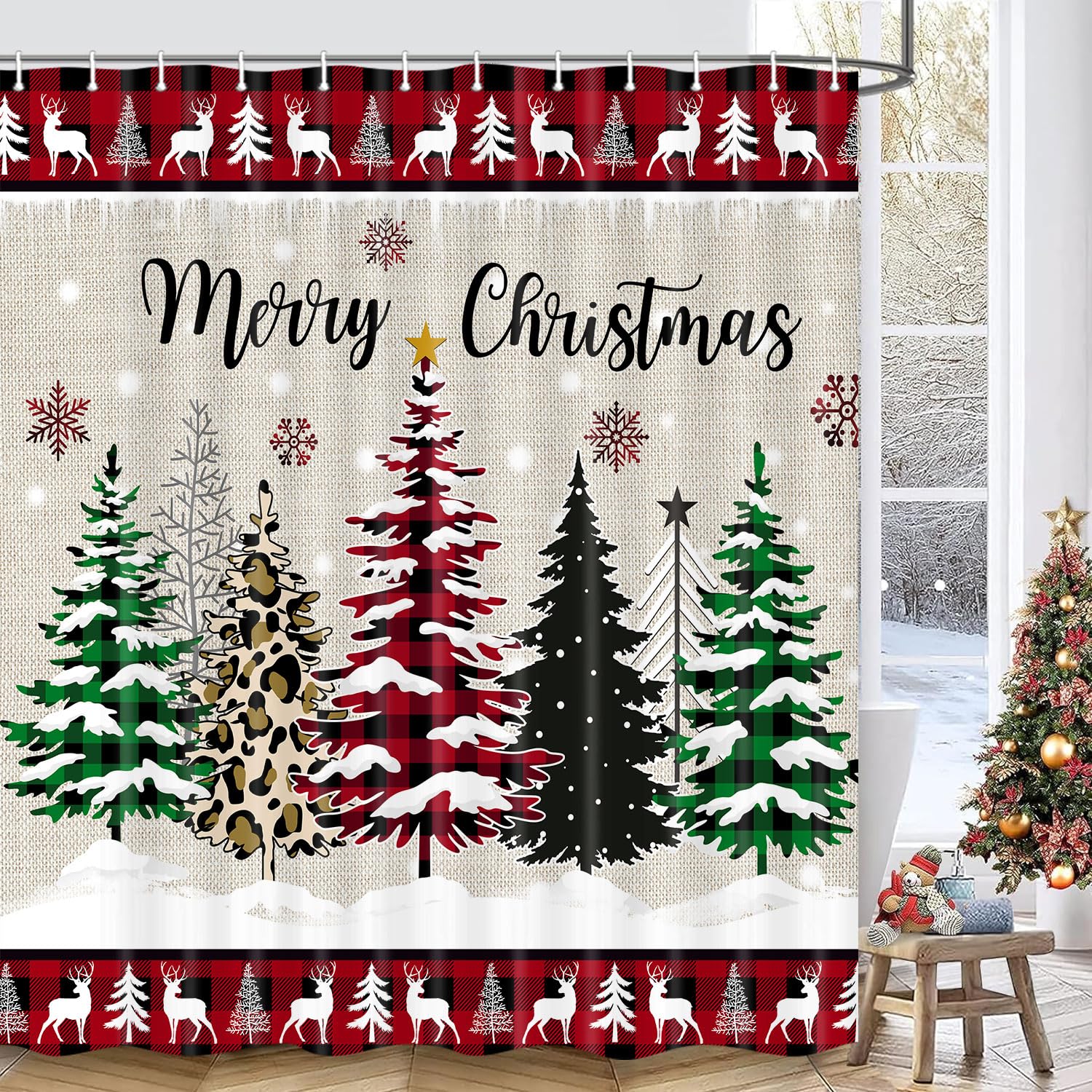 Wathon Christmas Tree Shower Curtain Winter Cabin Lodge Woodland Bathroom Decor Farmhouse Buffalo Plaid Xmas Tree Pine Tree Bath