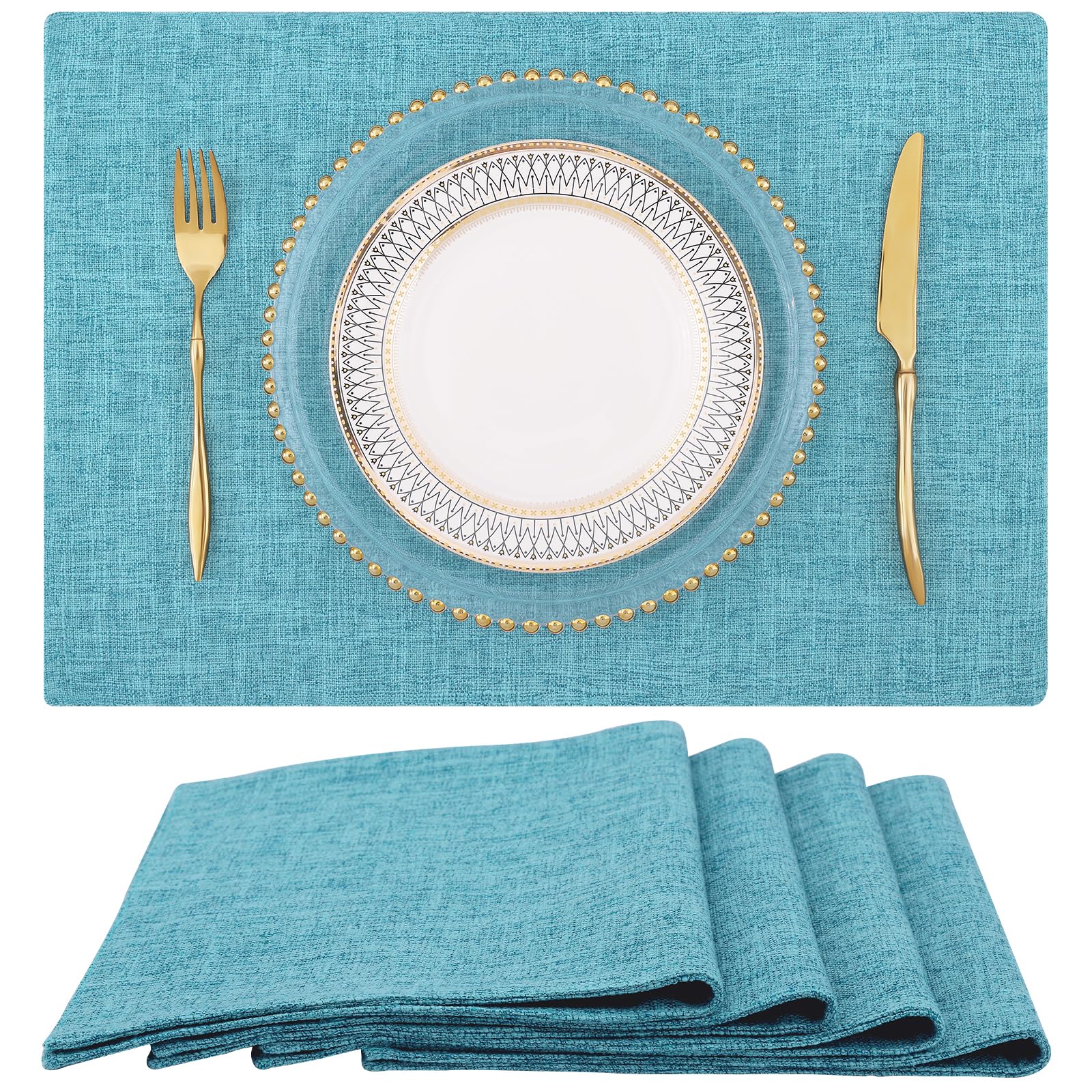 Homing Light Blue Cotton Linen Blend Placemats For Dining Table Set Of 4 - Washable Farmhouse Kitchen Mats For Indoors & Outdoor