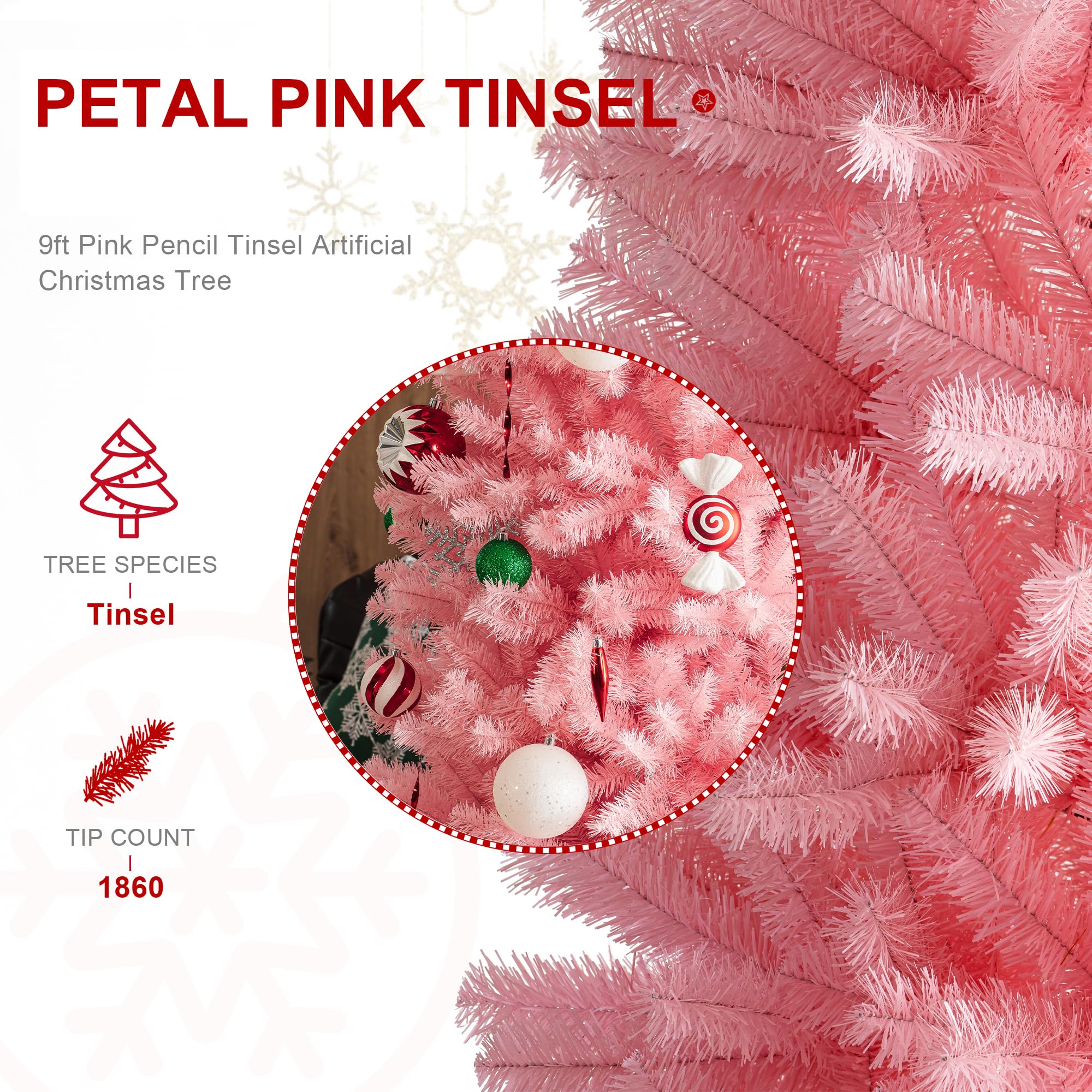 Glitzhome Pencil Tinsel Artificial Christmas Tree, 9ft Pink Christmas Tree with 1860 PVC Branch Tips and Foldable Metal Stand fo