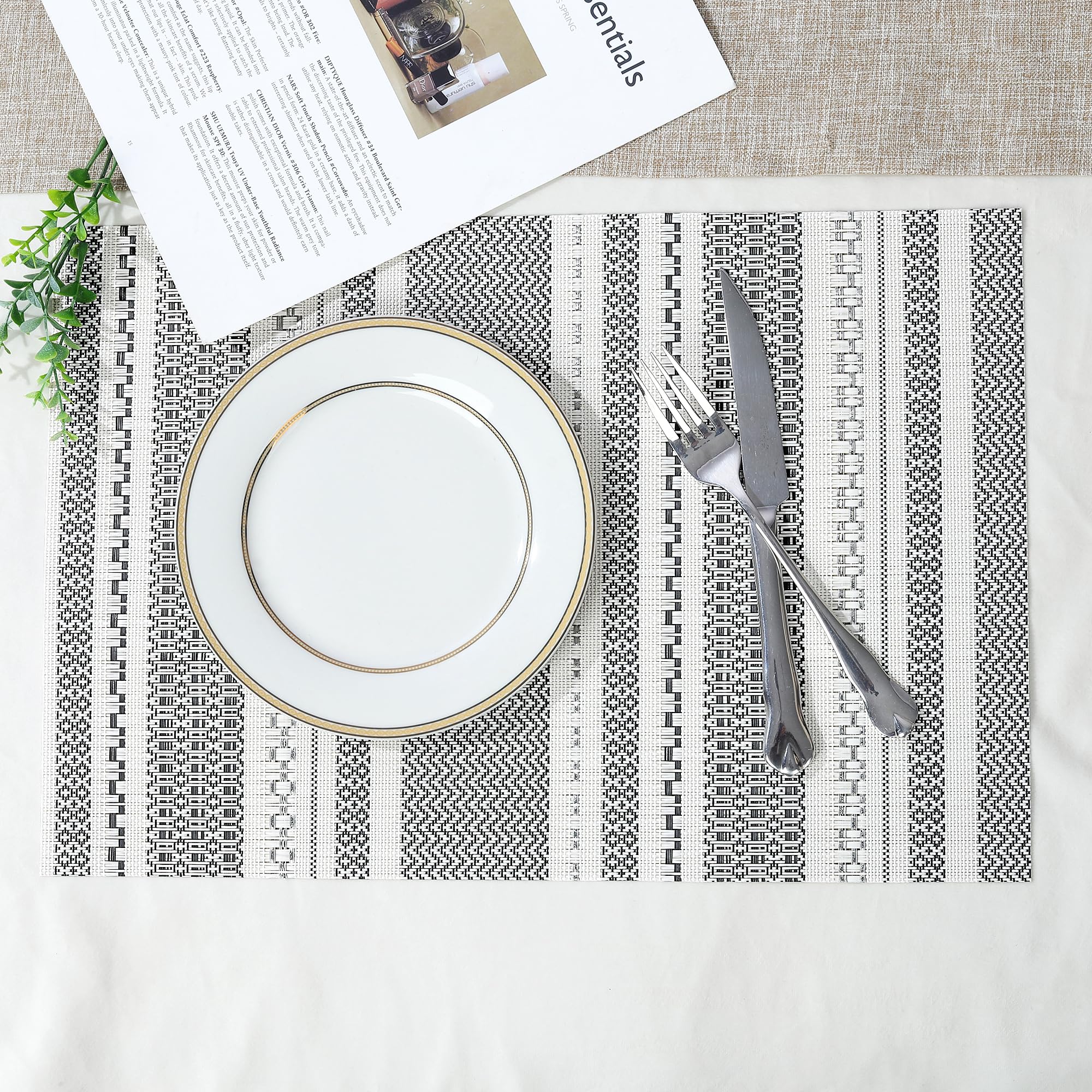 Fanquare Sliver Striped Placemats 6 Pack Nordic Style Washable Place Mats Vinyl Woven Heat-Resistant Kitchen Table Mats Indoor &