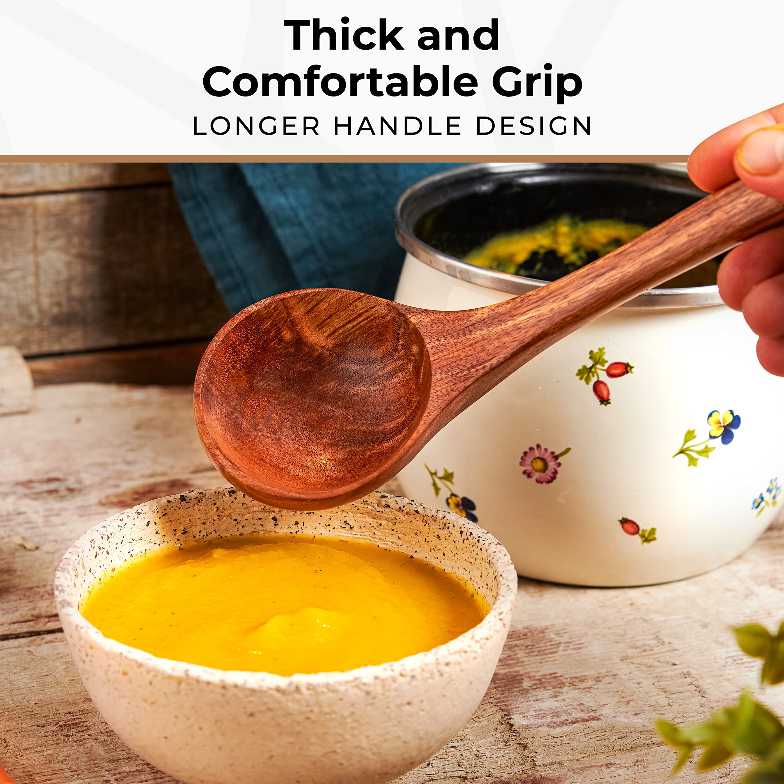 WOODENHOUSE Teak Wooden Ladle - 12.4" Cooking Spoon, 2 oz Medium Scoop, Eco-Friendly Natural Color