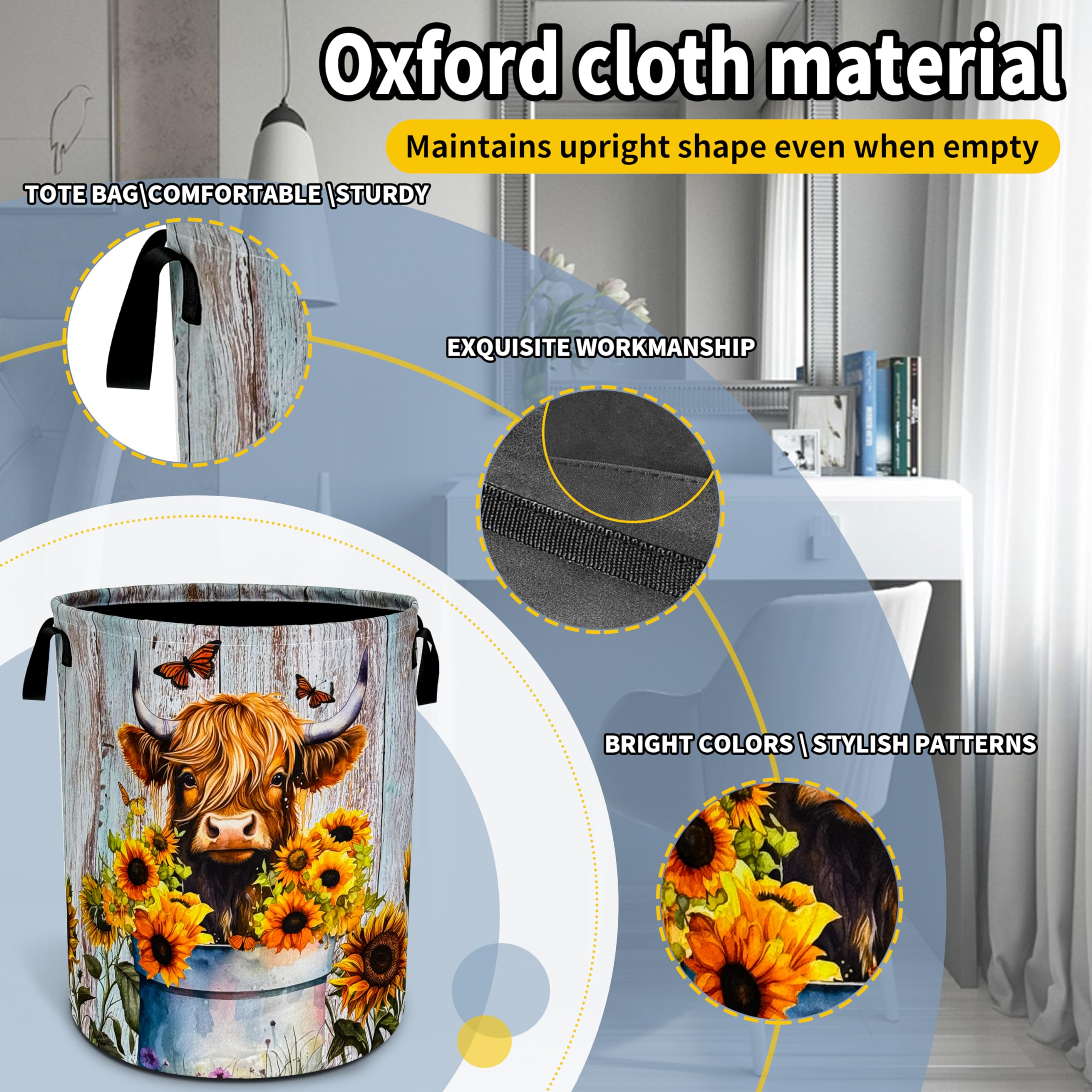 Nutainla Highland Cow Sunflower Laundry Basket Animal Foldable Oxford Cloth Funny Tote Bag Laundry Hamper Clothes Storage Bucket