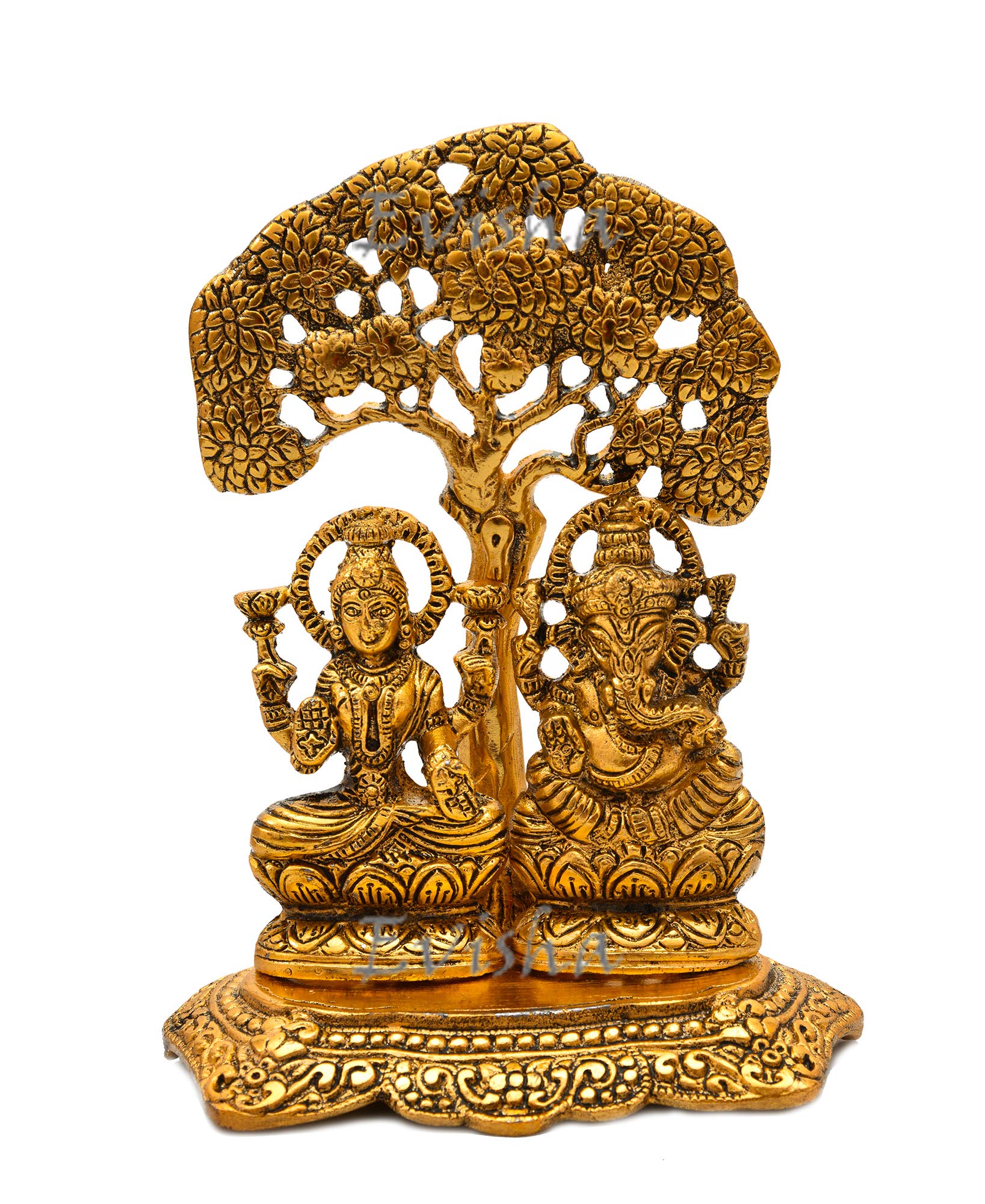 Evisha Lord Ganesh | Ganesha And Lakshmi | Laxmi Under Tree Golden Brass Statue Antique Finish Ganpati Lakshmi Indian Hindu Temp