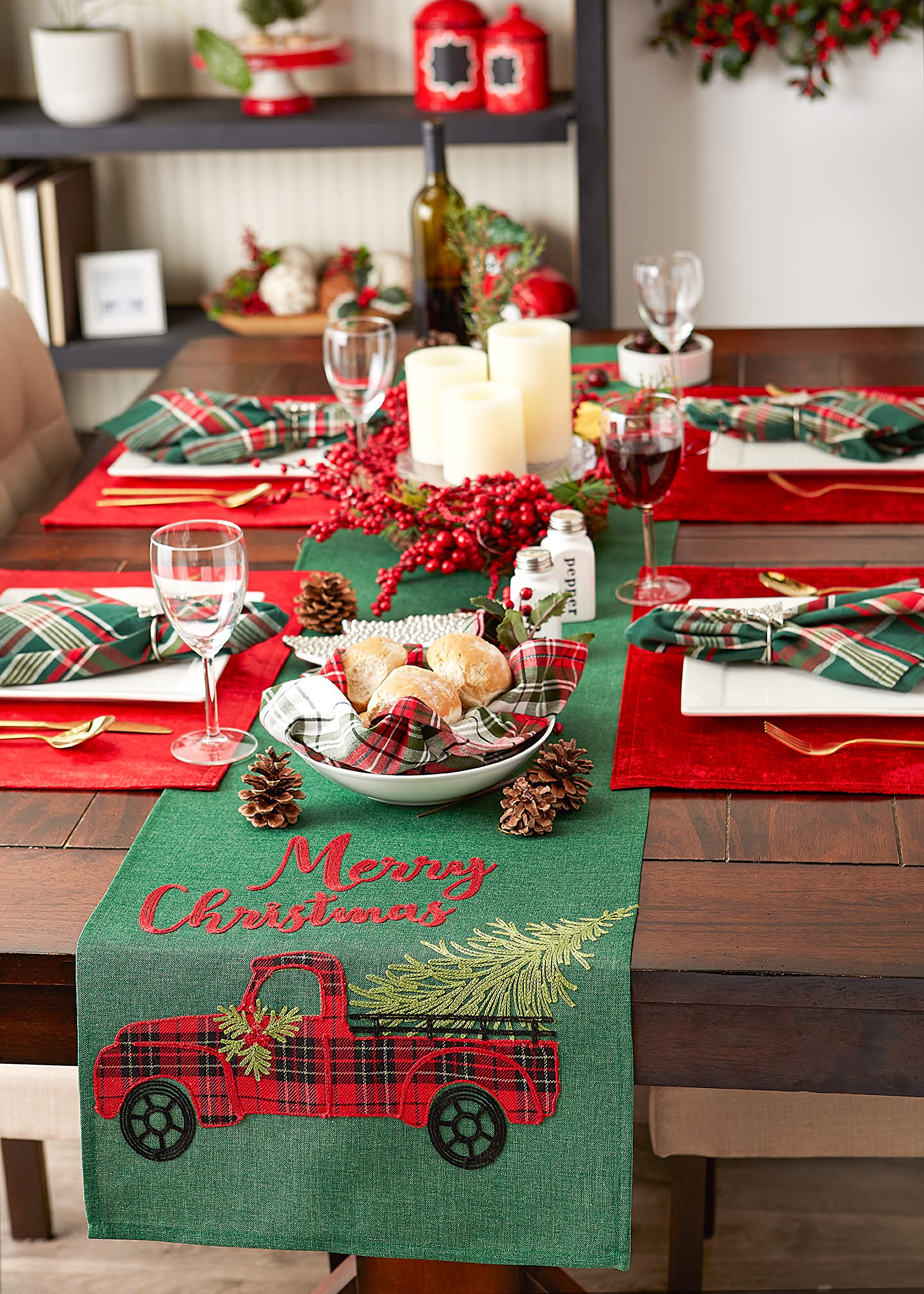 Dii Holiday Dining Table Decoration Embroidered Christmas Table Runner, 14X108, Plaid Christmas Truck