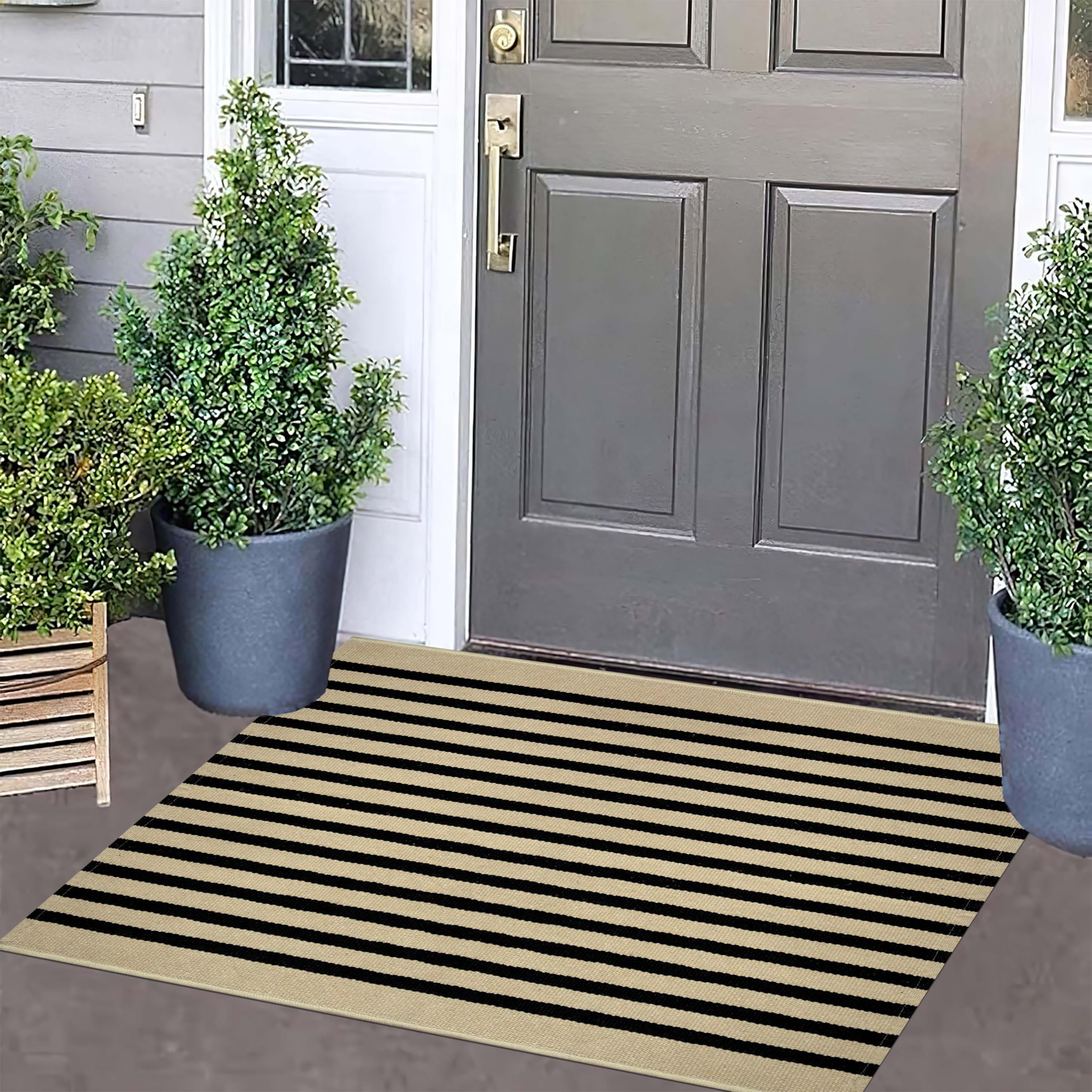 Front Door Mat Outdoor 2x3,Black and Khaki Striped Outdoor Rug Washable Cotton Layered Door Mat Entryway Throw Rug for Indoor 