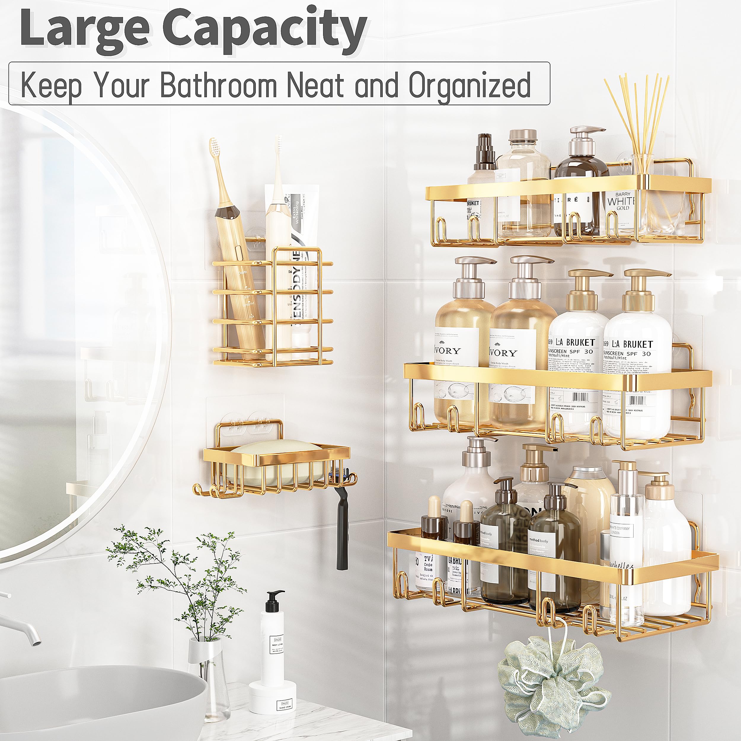Liuoud 5 Pack Shower Caddy Organizer Rack Shelf For Inside Shower, Self Adhesive Wall Storage Basket Rustproof Stainless Steel S
