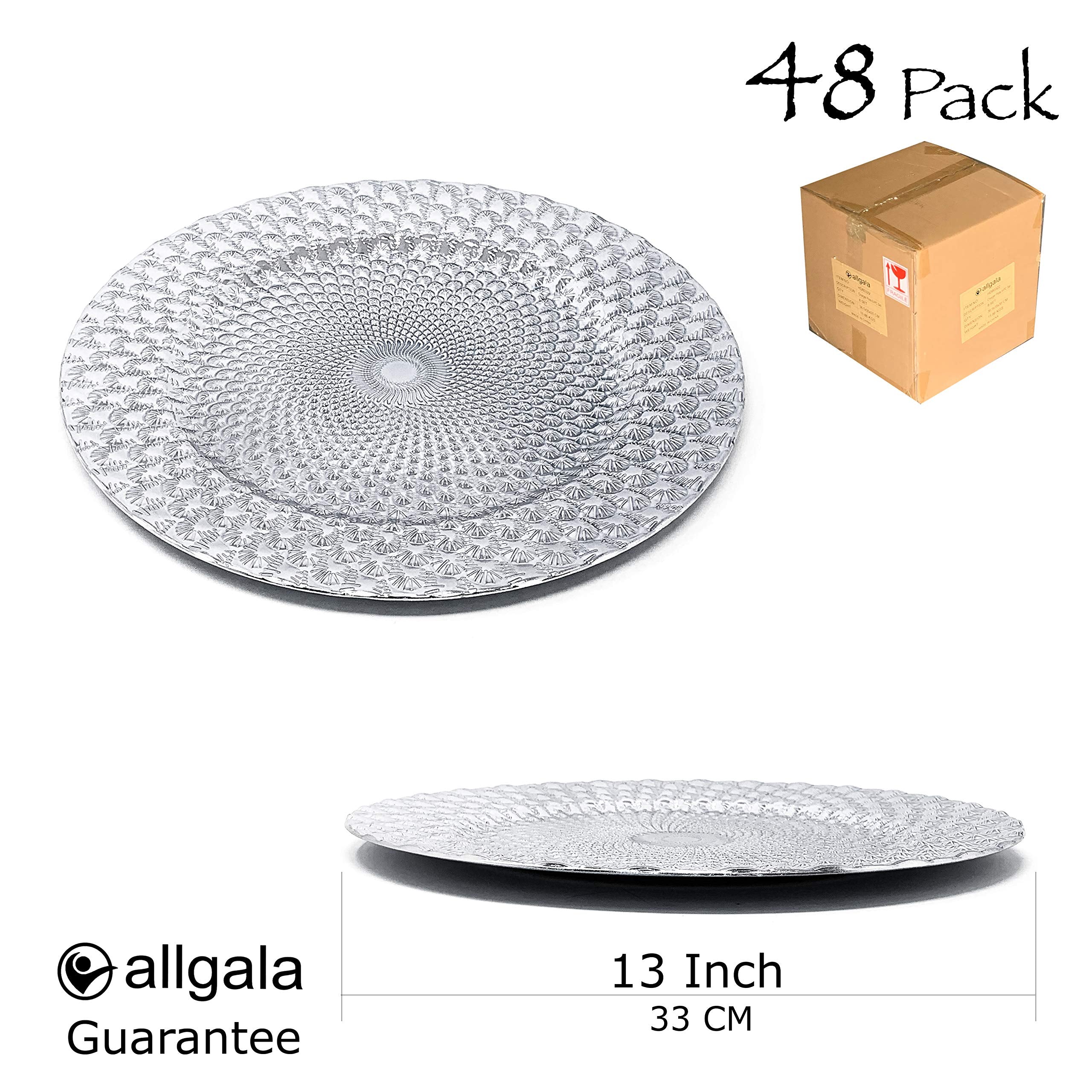 allgala 13-Inch 48-Pack Case Lot Heavy Quality Round Charger Plates-Peacock Silver-HD80362