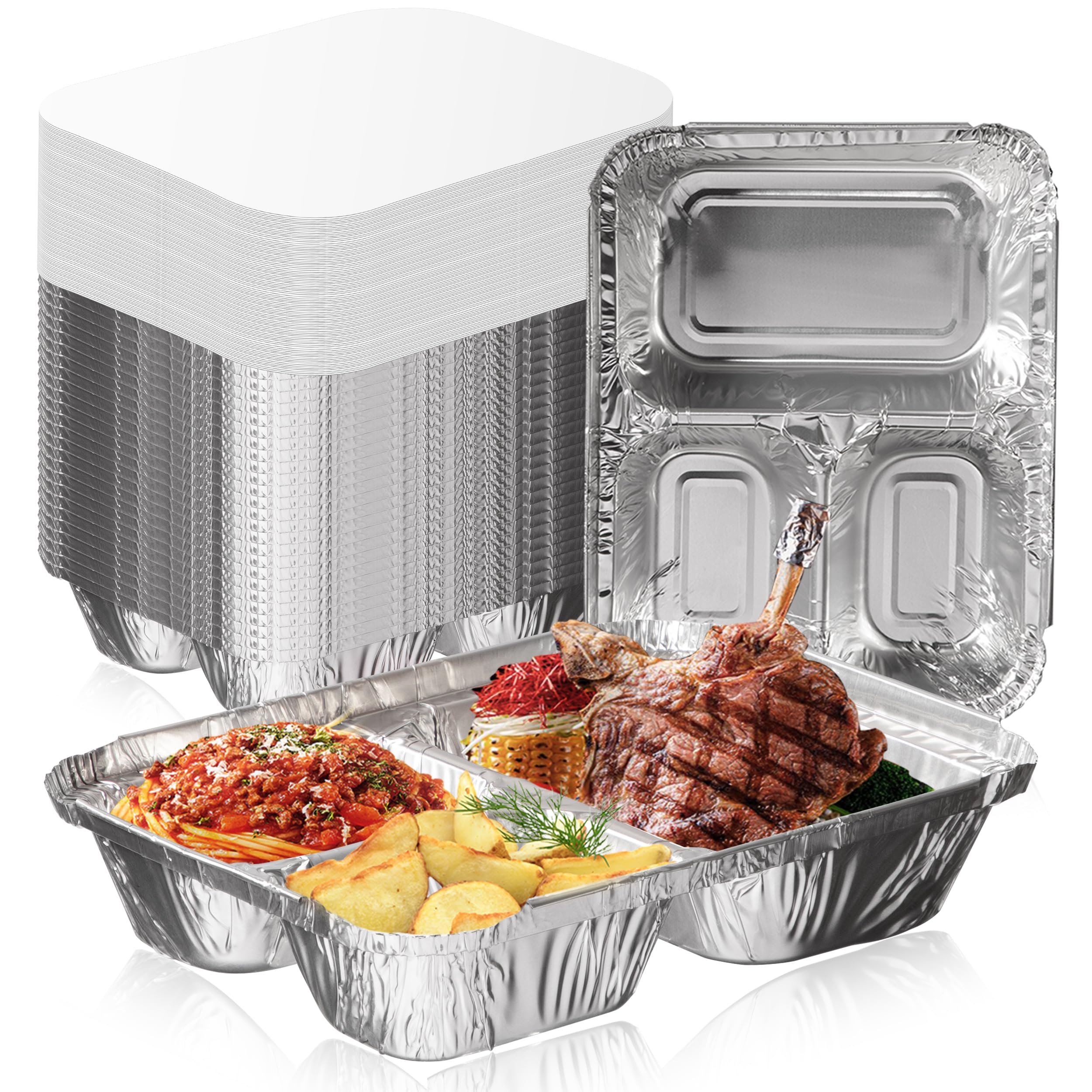 Fit Meal Prep 50 Pack 3 Compartment 8.5 x 6.5 x 1.5 Rectangular Disposable Aluminum Foil Pan Take Out Food Containers with Flat 