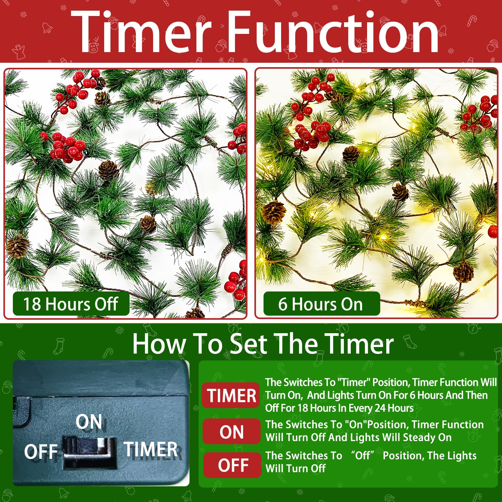 10Ft 30 LED Prelit Christmas Garland with Lights Timer, Garlands for Decoration Christmas Battery Operated Pine Cones Red Berrie