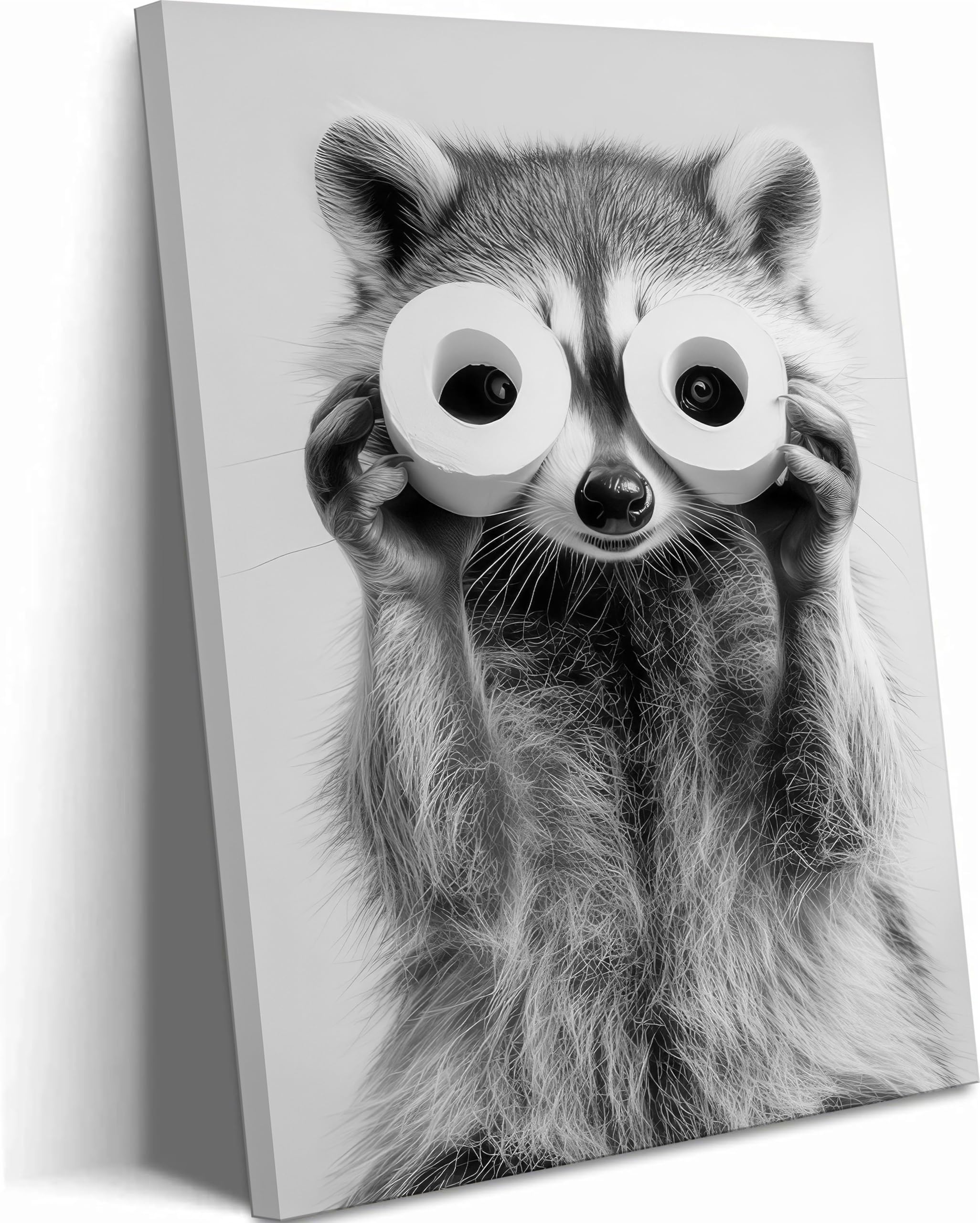 Adorable Raccoon Bathroom Canvas Wall Art Toilet Paper Raccoon Wall Decor Pictures Funny Black and White Bathroom Animal Posters