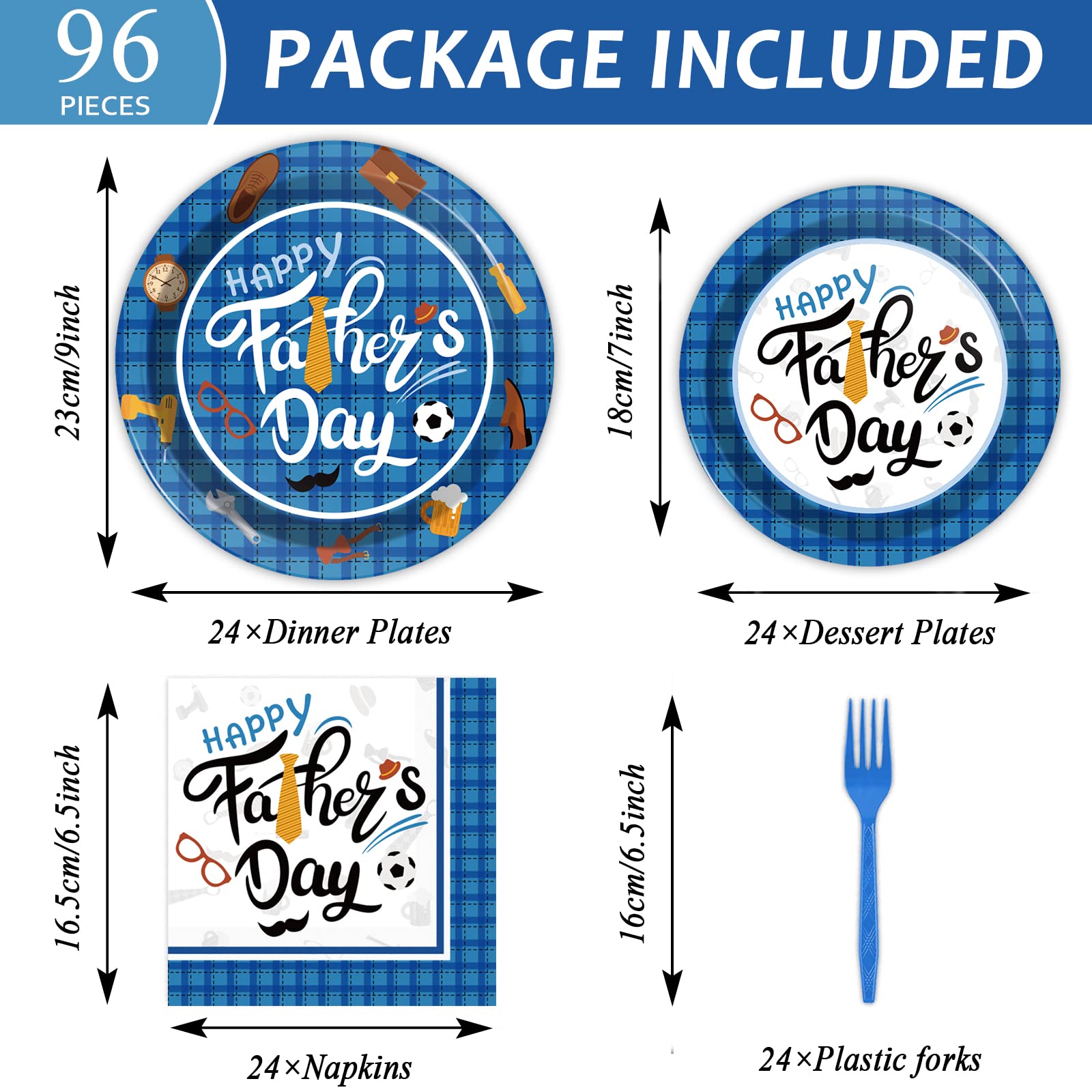 Wiooffen 96 Pieces Happy Father 'S Day Party Decorations Fathers Day Plates And Napkins Tableware Set Blue Fathers Day Celebrati