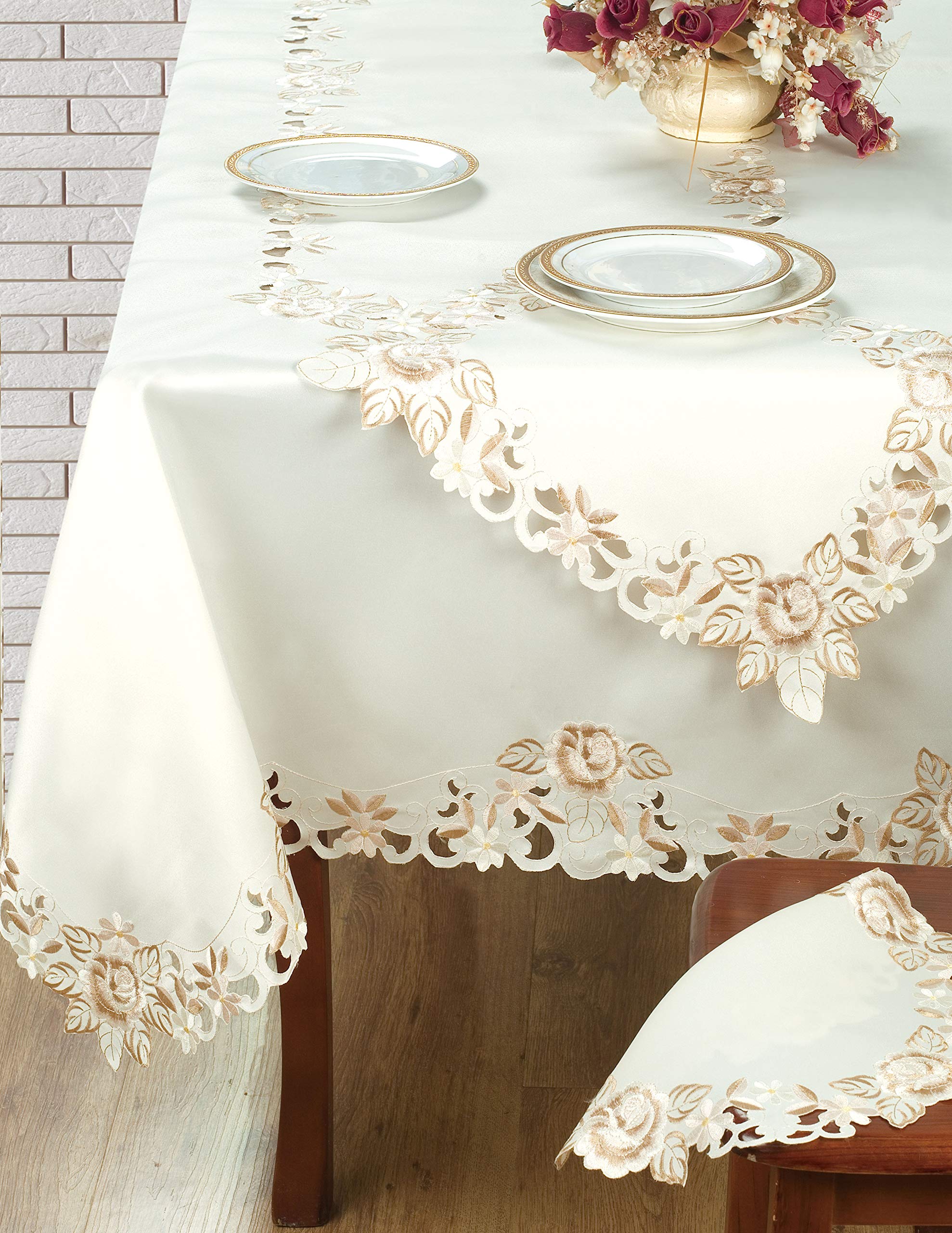 Light Beige Table Cloth - Rectangle Lace Linen Tablecloth Intricate Cutouts Embroidery - Perfect For Kitchen Dining Room Table H