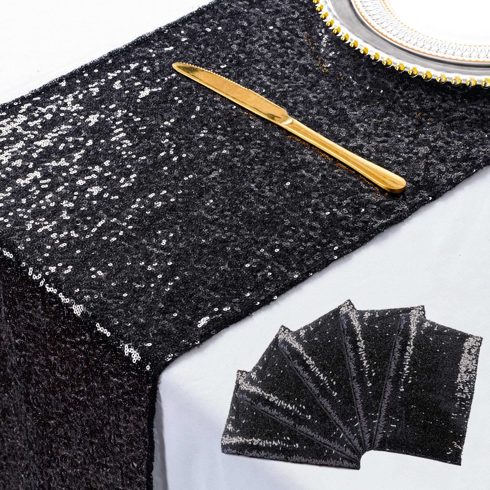Shidianyi Black Sequin Table Runner 5Pcs Black 12''X72'' Sparkly Table Runners Glitter Table Runner For Party Event Halloween Ta