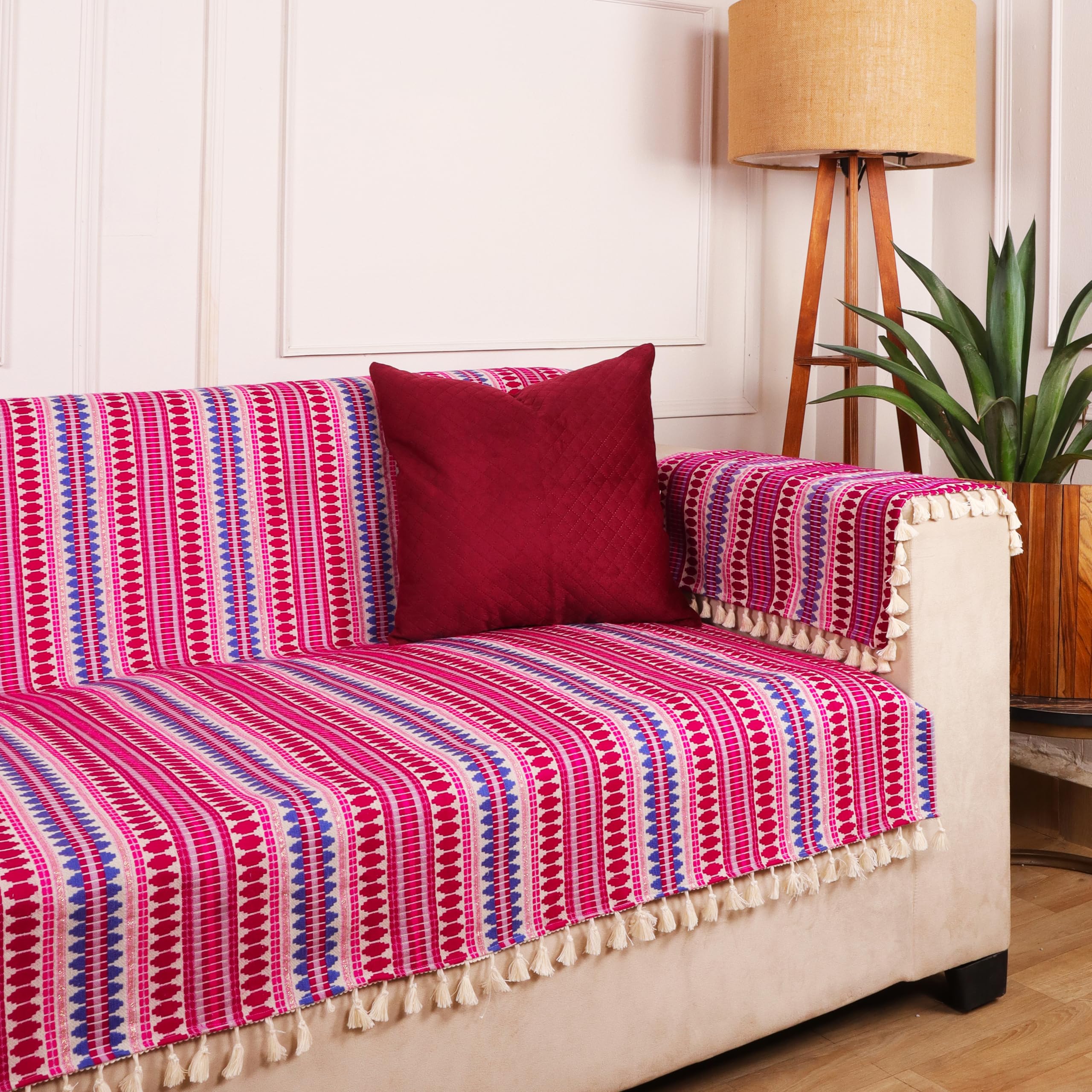 Stitchnest Woven 3 Seater Sofa Protector With 2 Hand Rest Covers  Purple & White Stripe Design  Washable Fabric With Tassels 