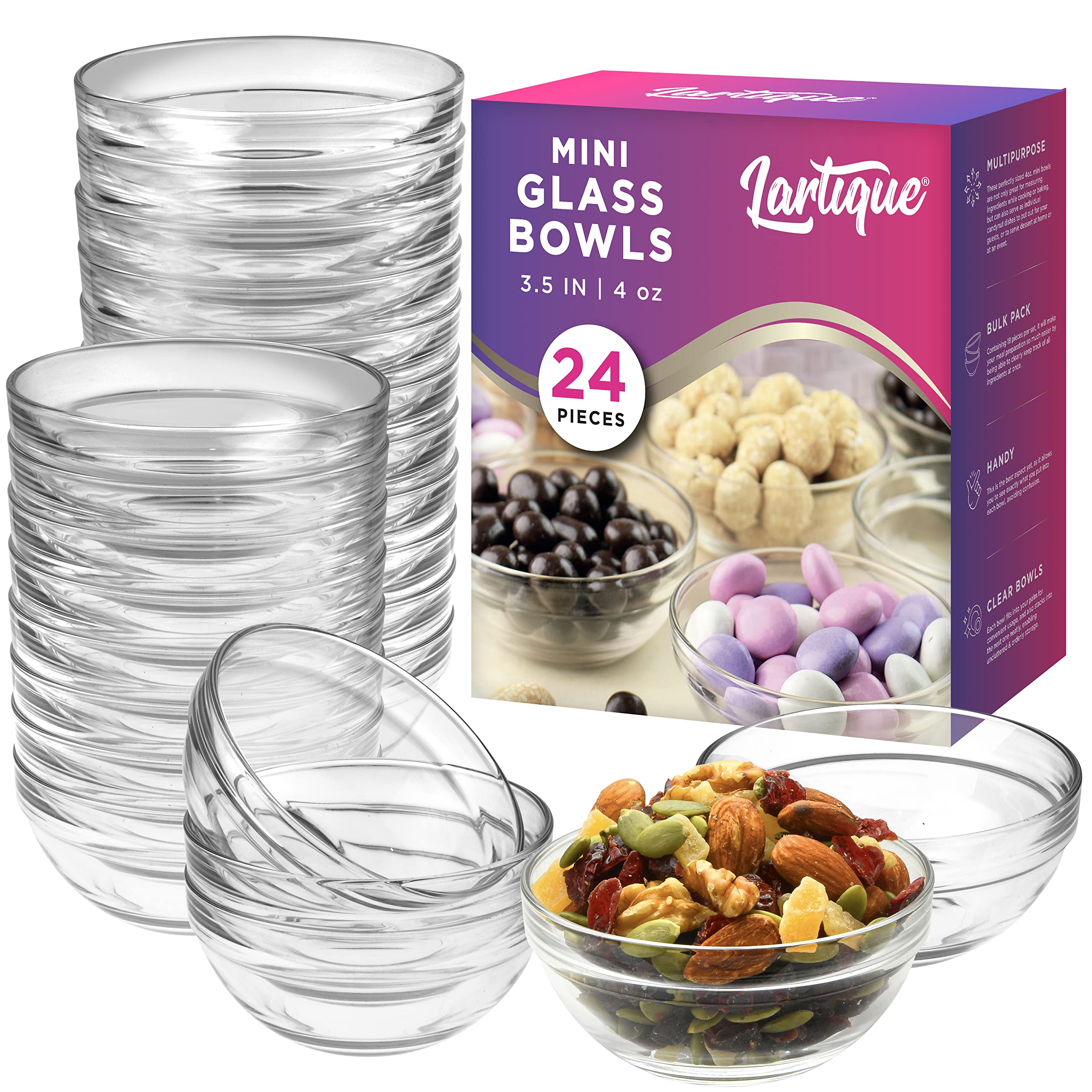 Lartique Mini 3.5 Inch Small Glass Bowls - Small Bowls Perfect For Prep, Dips, Nuts, Or Candy - Meal Prep Bowls Or Dessert Bowls