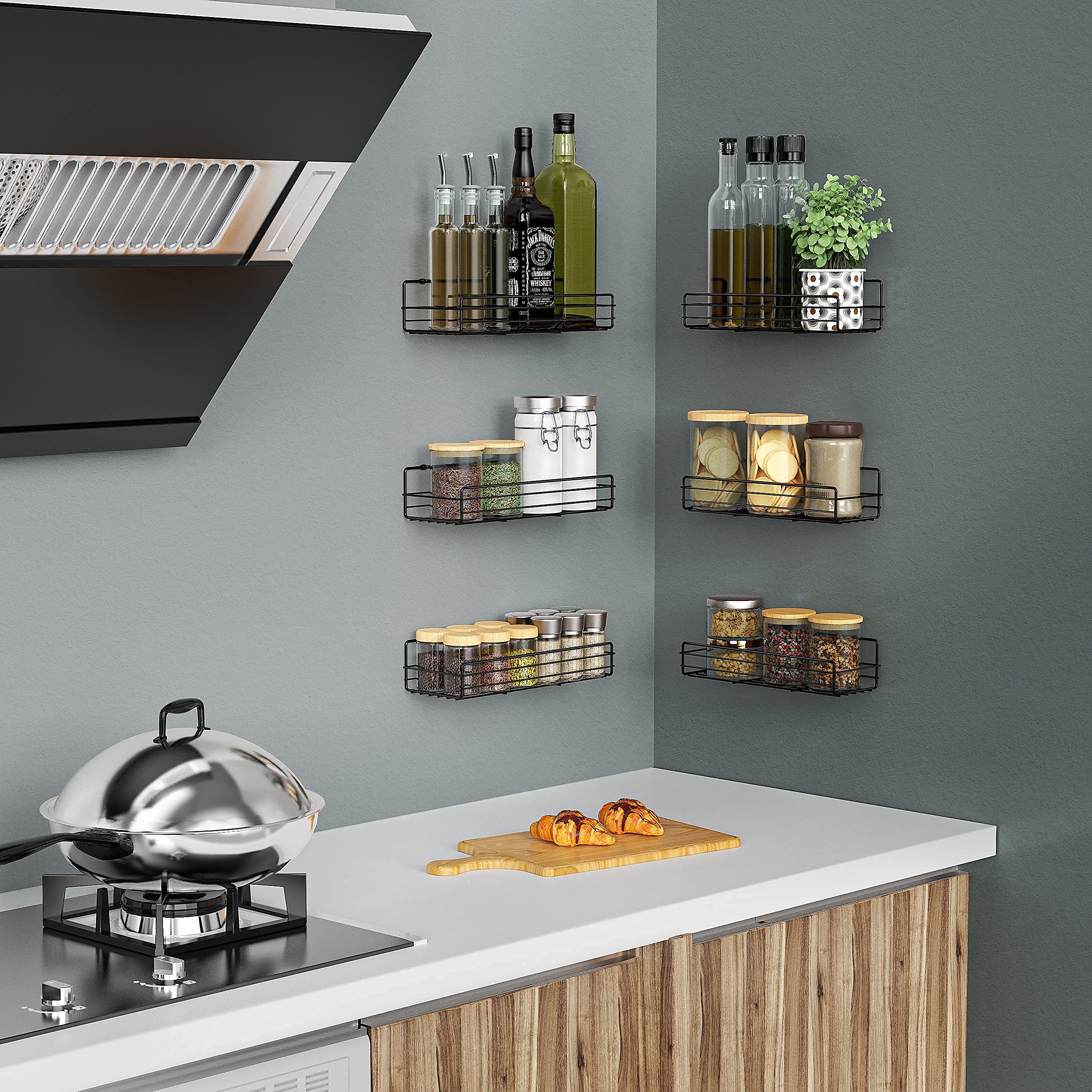 Moforoco Spice Rack Organizer Wall Mount (6Pack), Hanging Black Spice Pantry Organization Storage Shelf, Farmhouse Seasoning Org