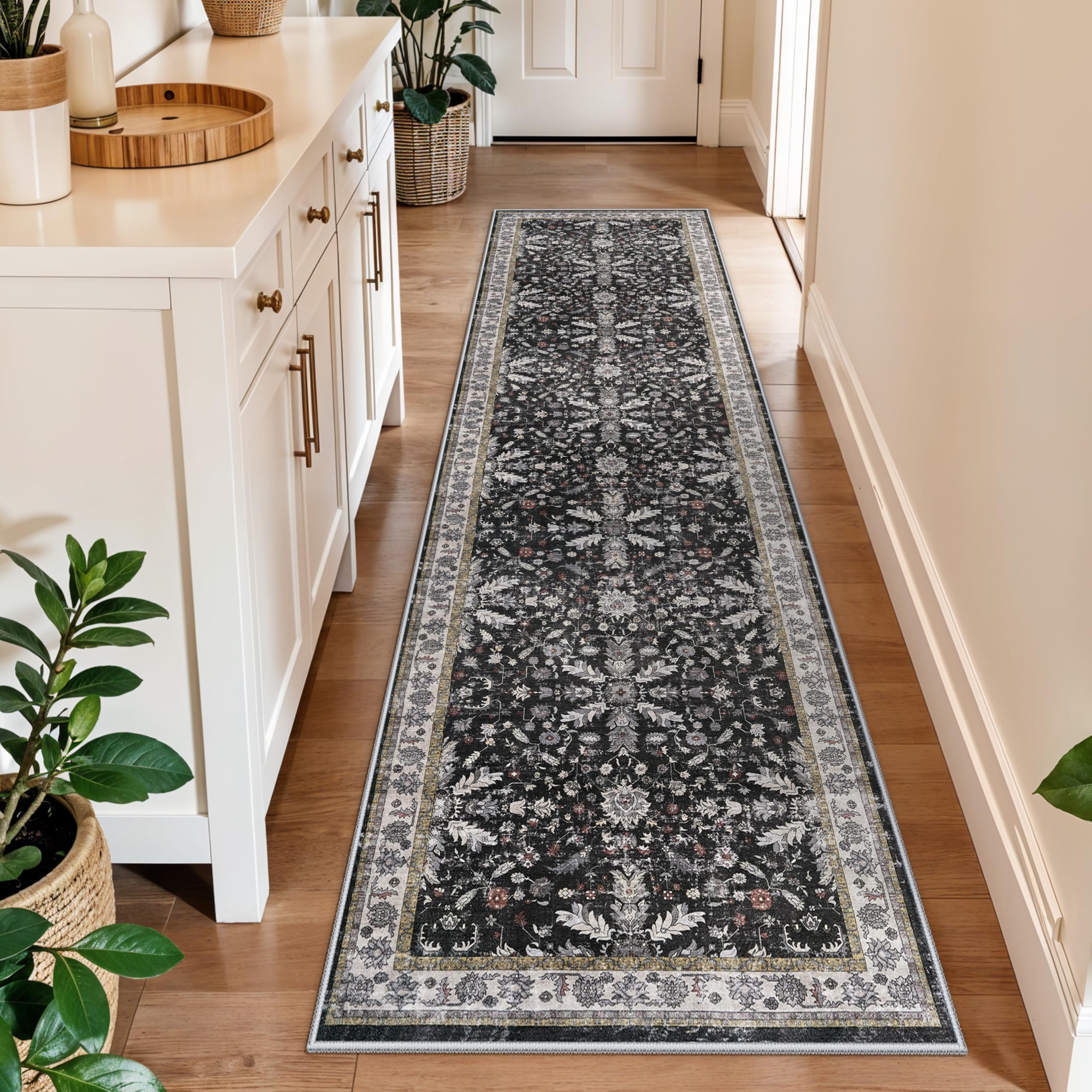 2x10 Hallway Runner Rug Non Slip Washable - Boho Floral Long Floor Carpet Runner for Kitchen Entryway Bedroom Living Room, Soft 